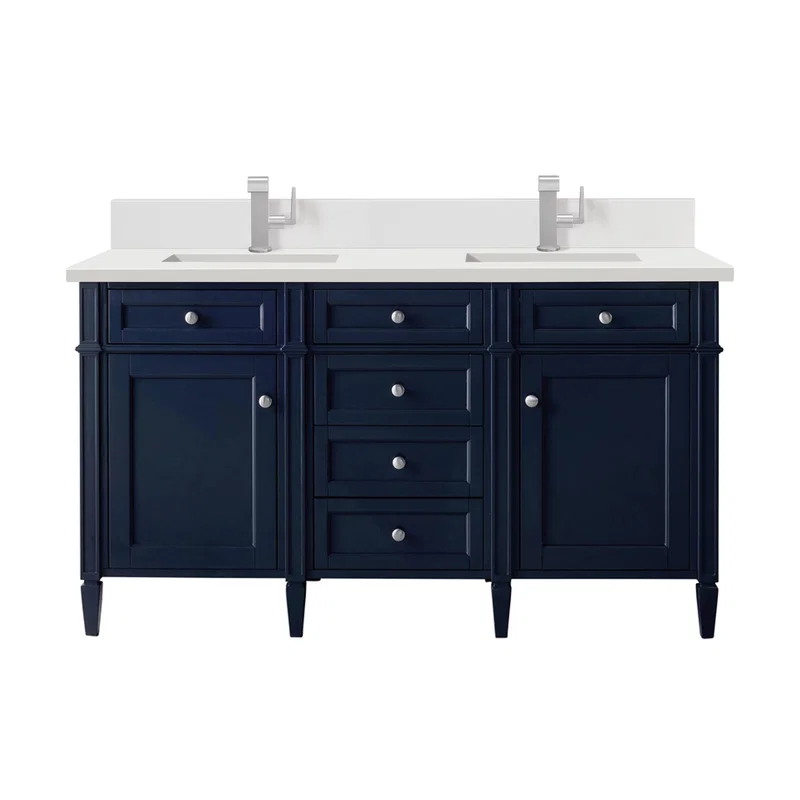 Brittany 60" Double Vanity, Victory Bleu w/ Single Hole 3 CM White Zeus Silestone Top & Backsplash