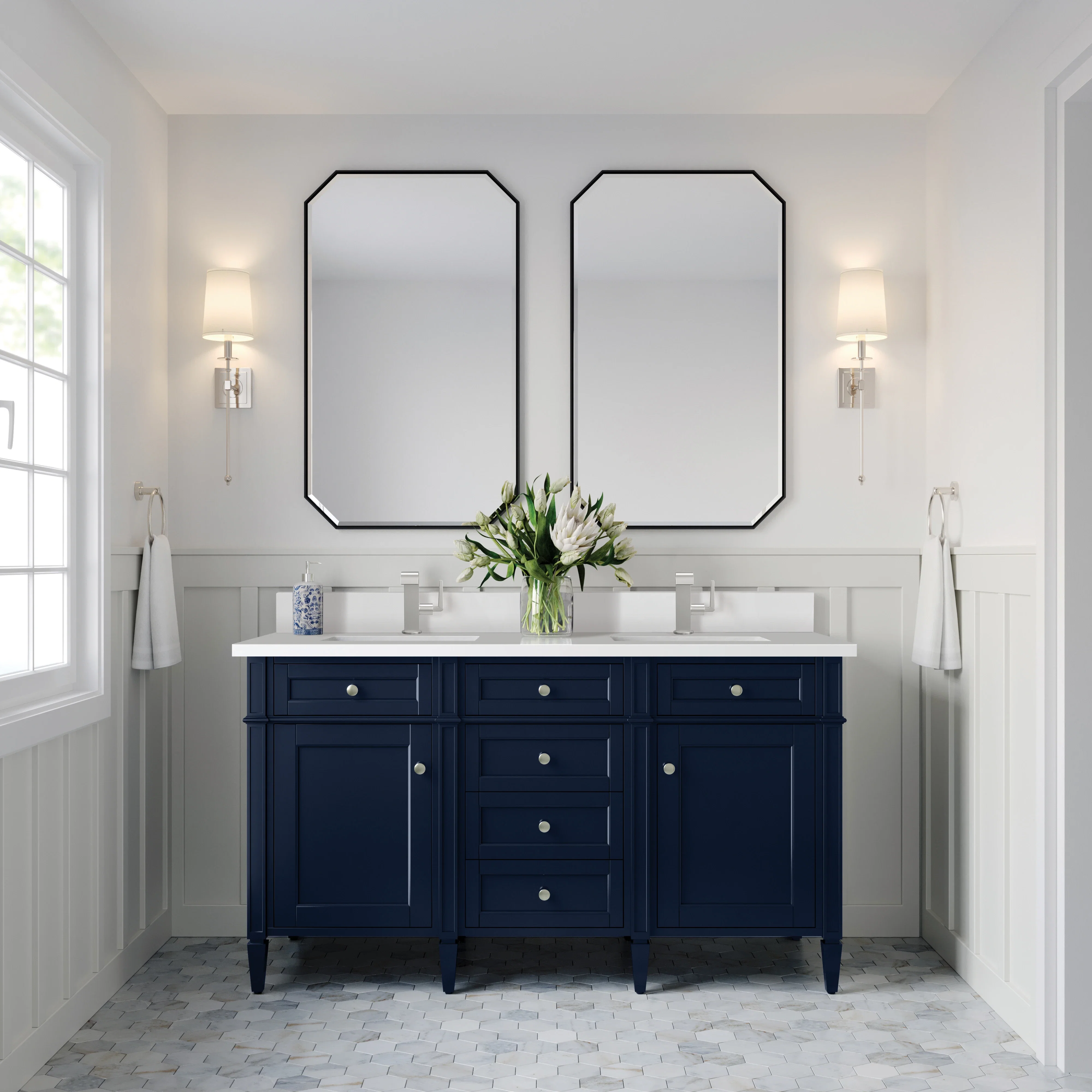 Brittany 60" Double Vanity, Victory Bleu w/ Single Hole 3 CM White Zeus Silestone Top & Backsplash