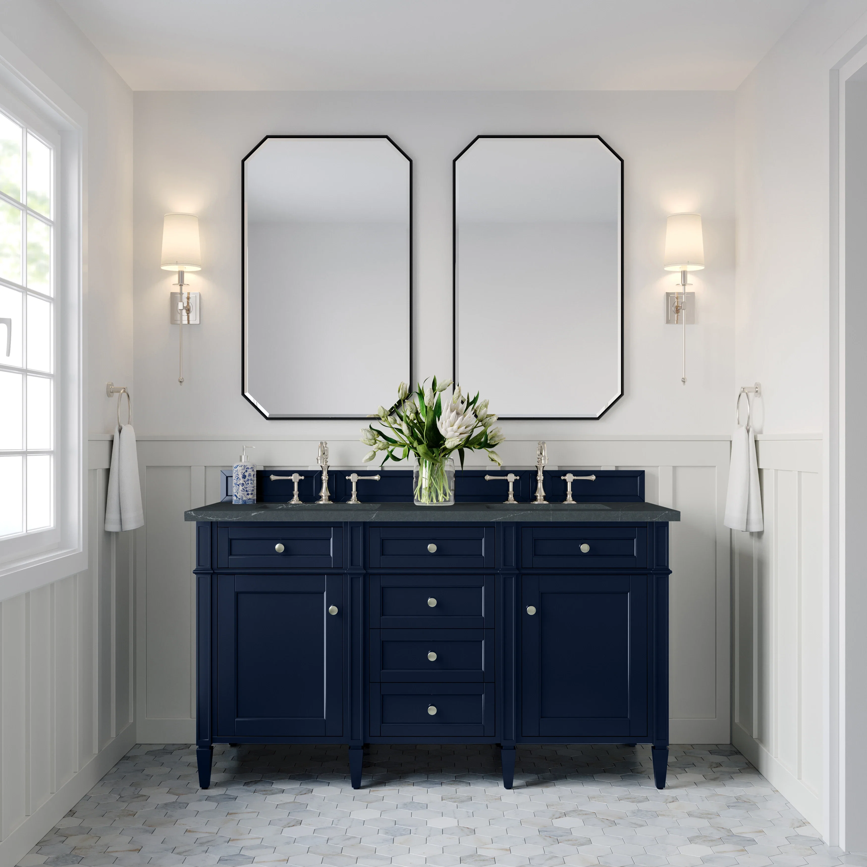 Brittany 60" Double Vanity, Victory Blue w/ 3 CM Charcoal Soapstone Silestone Top