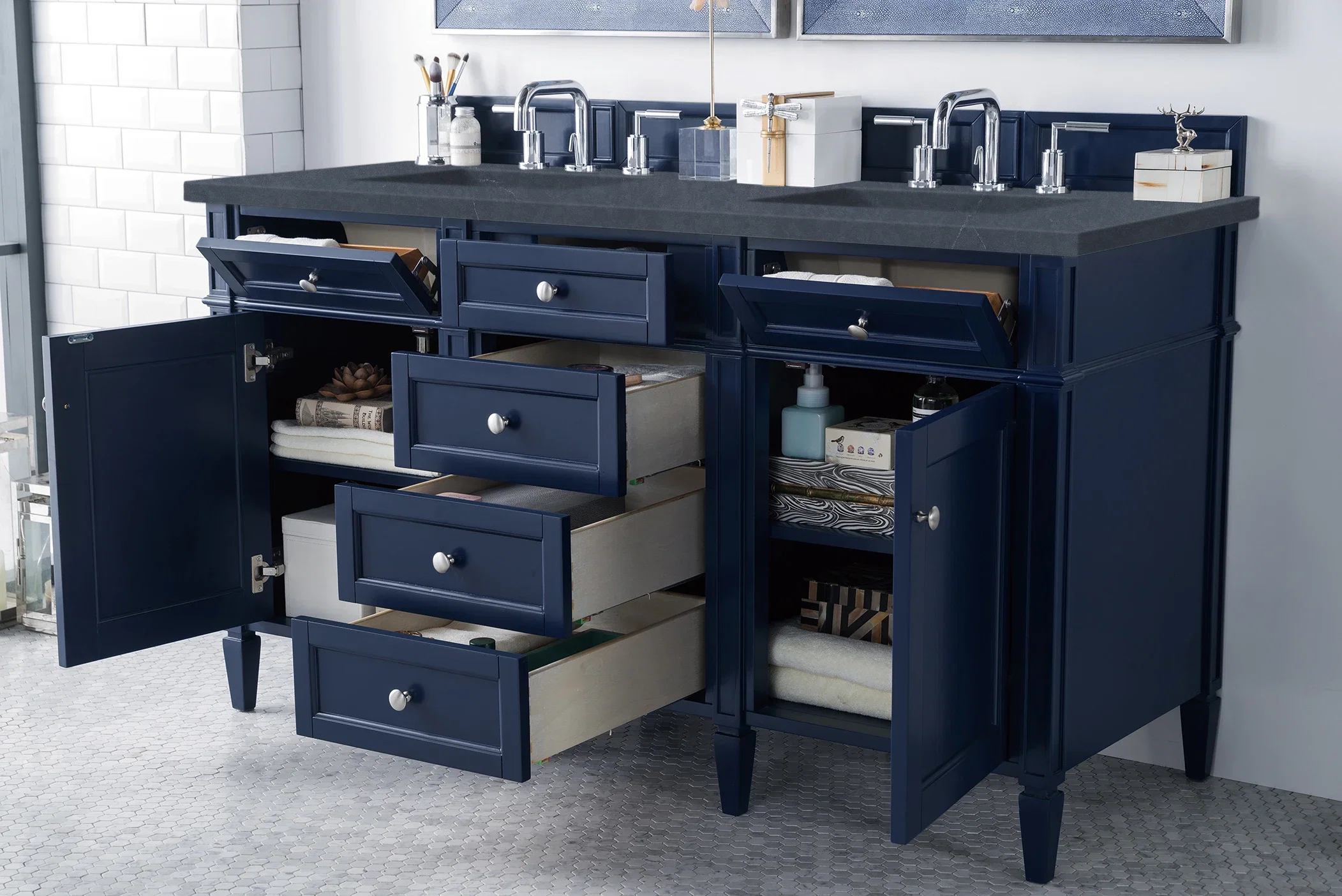 Brittany 60" Double Vanity, Victory Blue w/ 3 CM Charcoal Soapstone Silestone Top