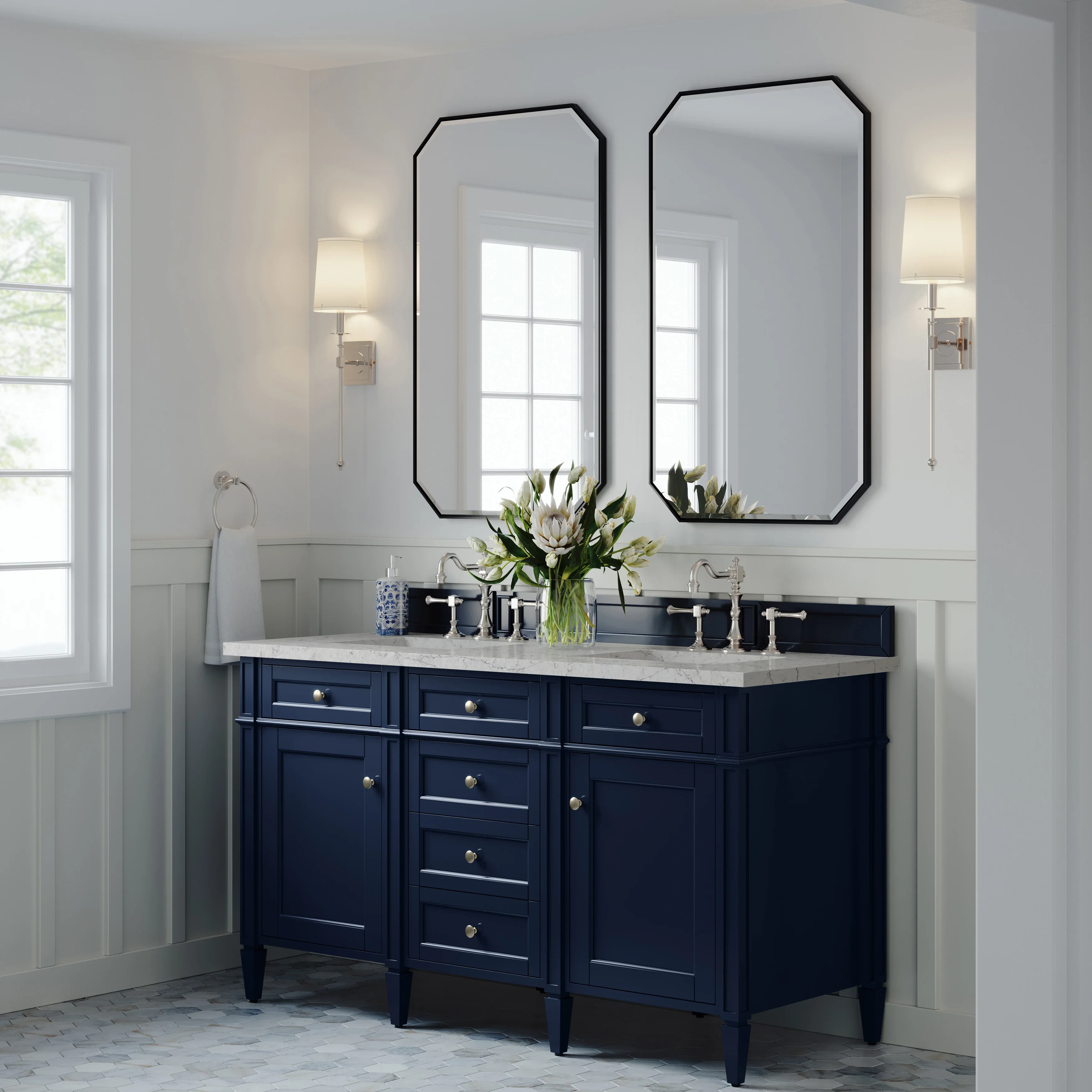 Brittany 60" Double Vanity, Victory Blue w/ 3 CM Eternal Jasmine Pearl Silestone Top