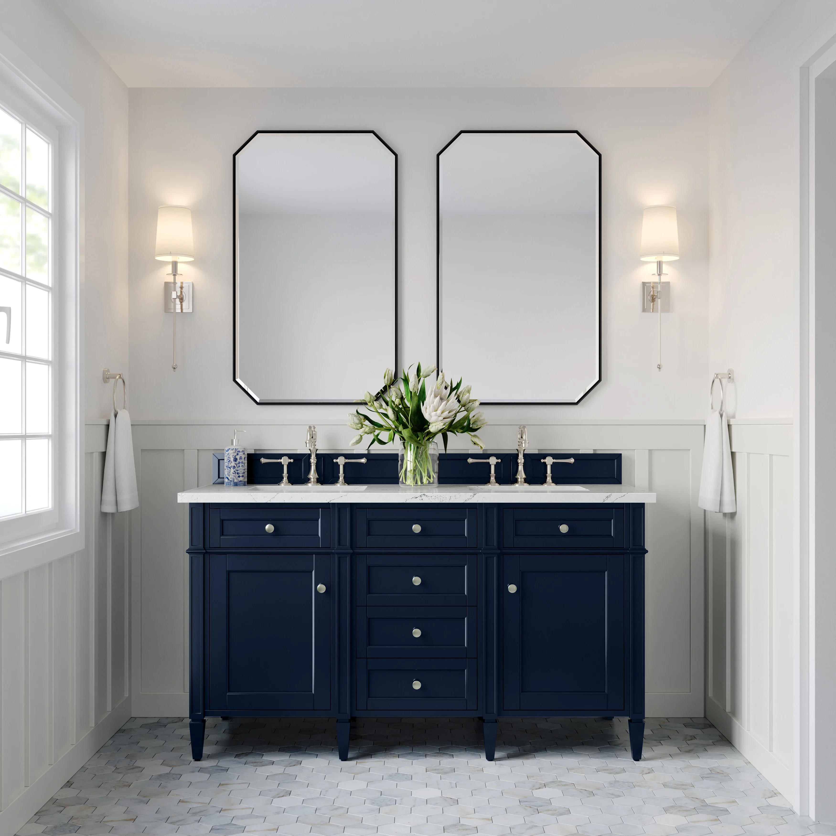 Brittany 60" Double Vanity, Victory Blue w/ 3 CM Ethereal Noctis Silestone Top