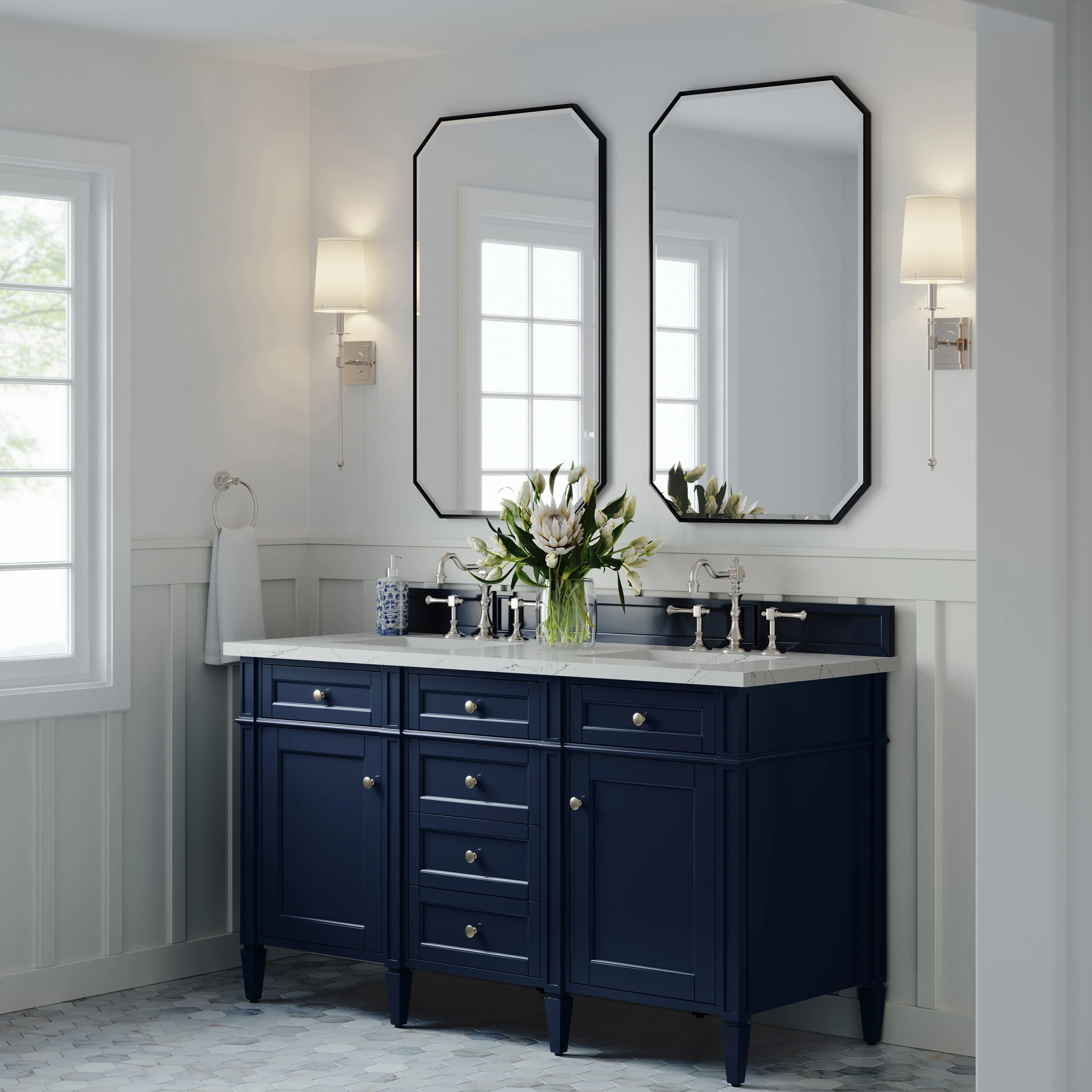 Brittany 60" Double Vanity, Victory Blue w/ 3 CM Ethereal Noctis Silestone Top