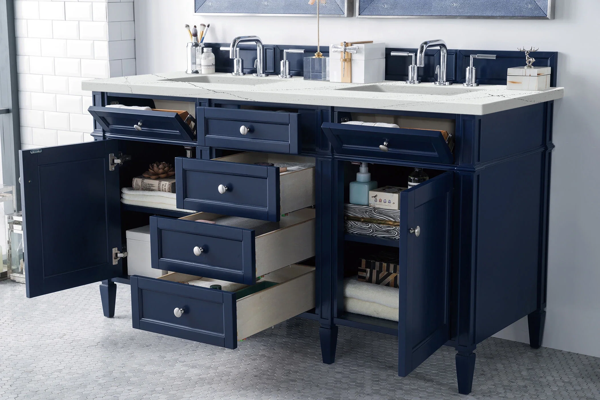 Brittany 60" Double Vanity, Victory Blue w/ 3 CM Ethereal Noctis Silestone Top