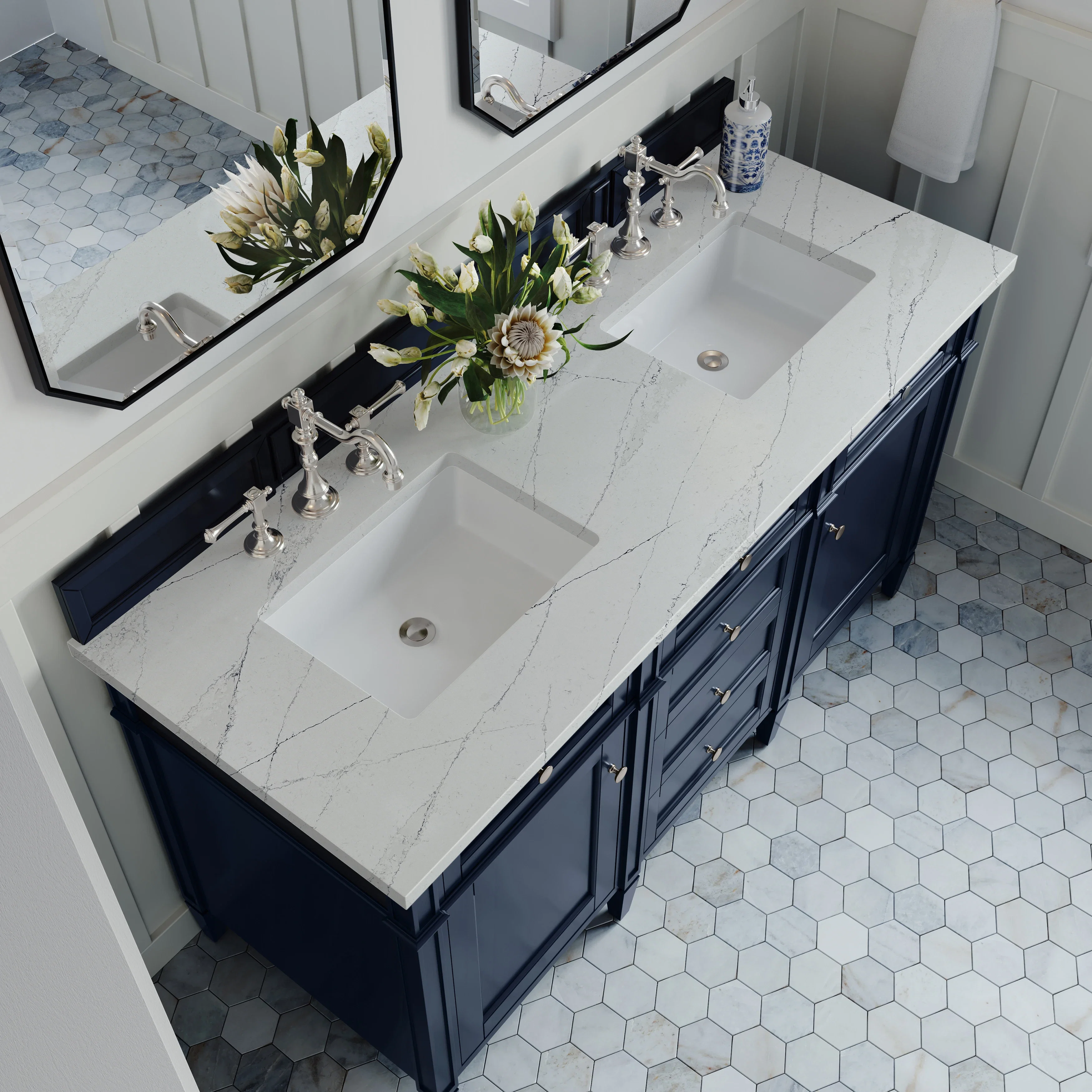 Brittany 60" Double Vanity, Victory Blue w/ 3 CM Ethereal Noctis Silestone Top