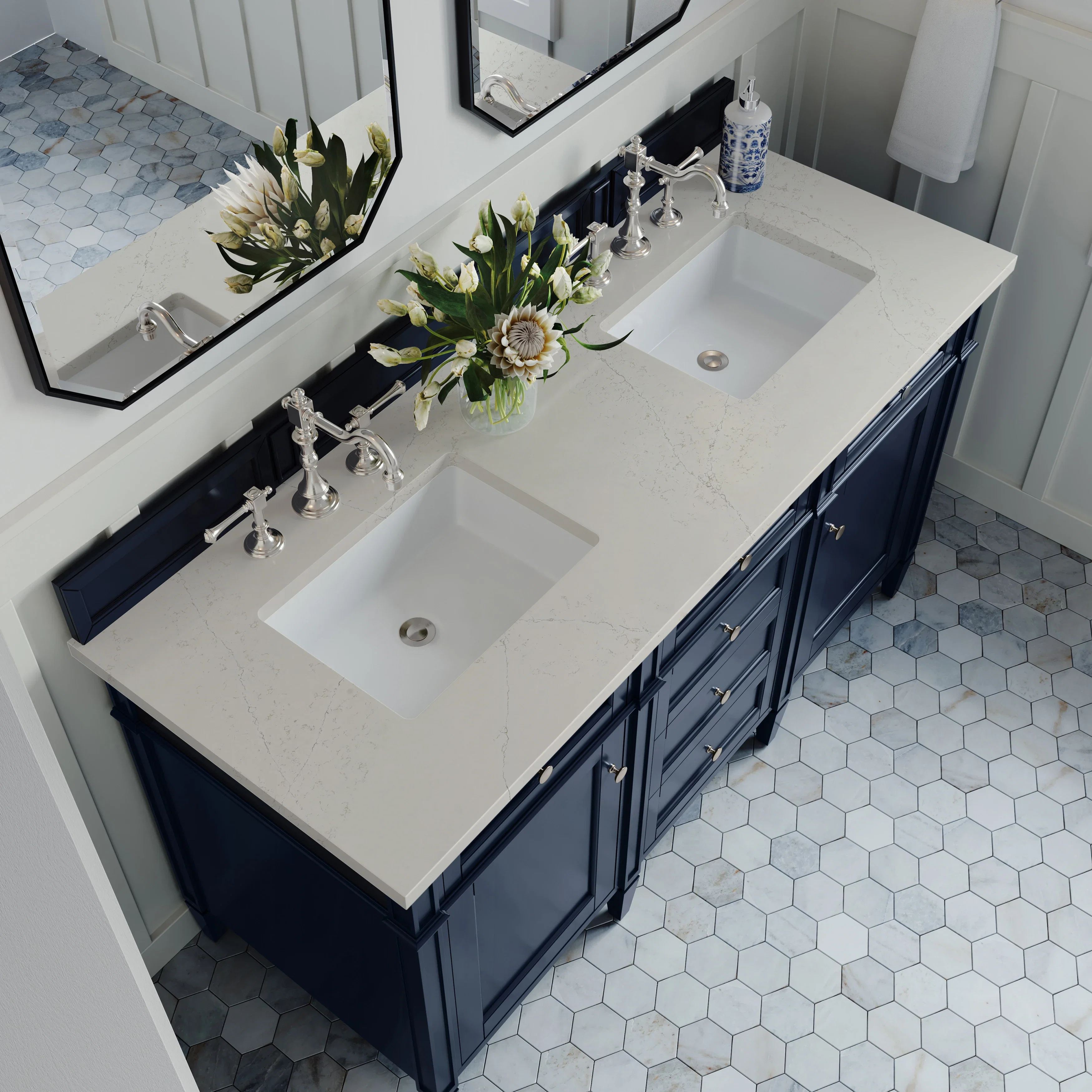 Brittany 60" Double Vanity, Victory Blue, w/ 3 CM Siberian Silestone Top