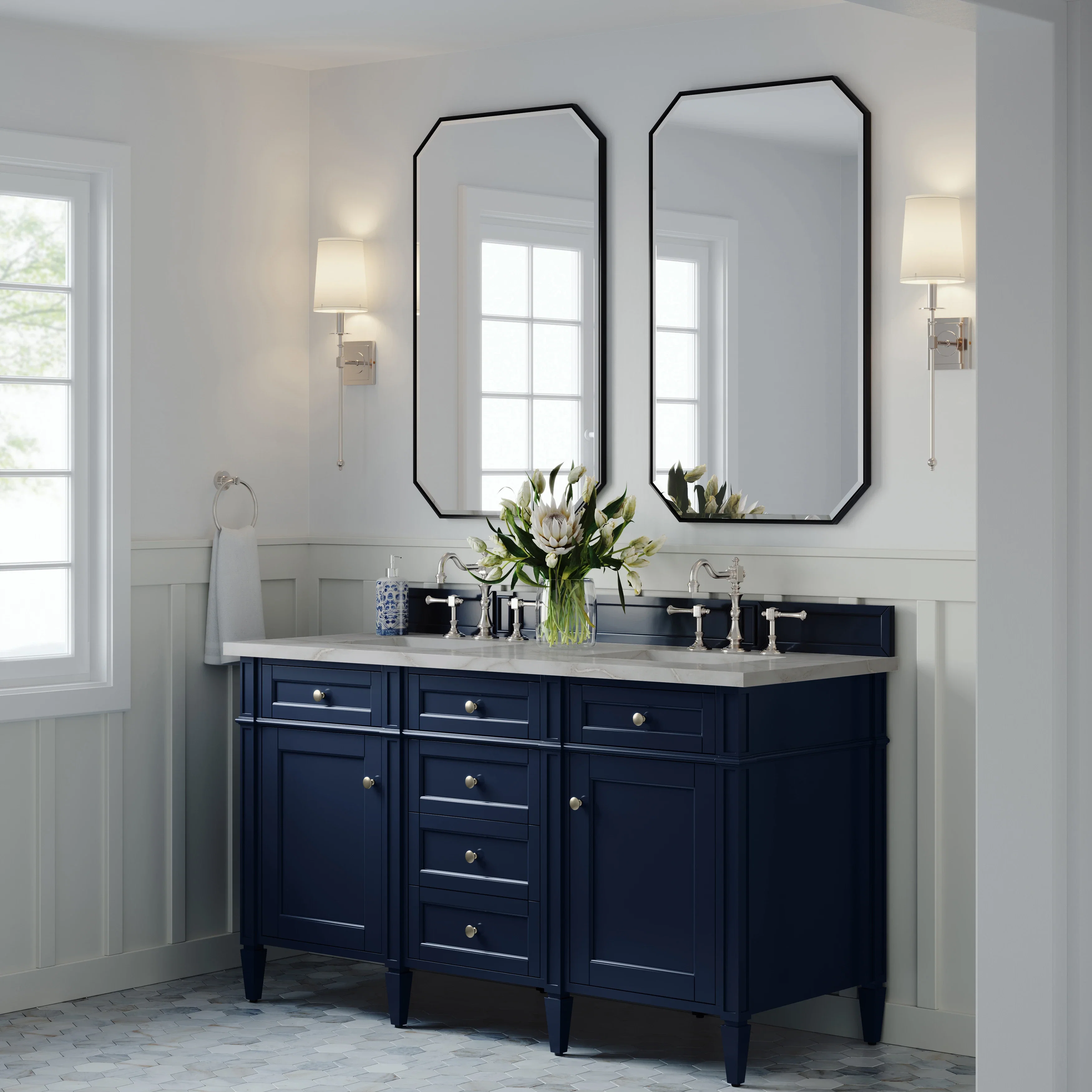 Brittany 60" Double Vanity, Victory Bleu w/ 3 CM Victorian Silver Silestone Top