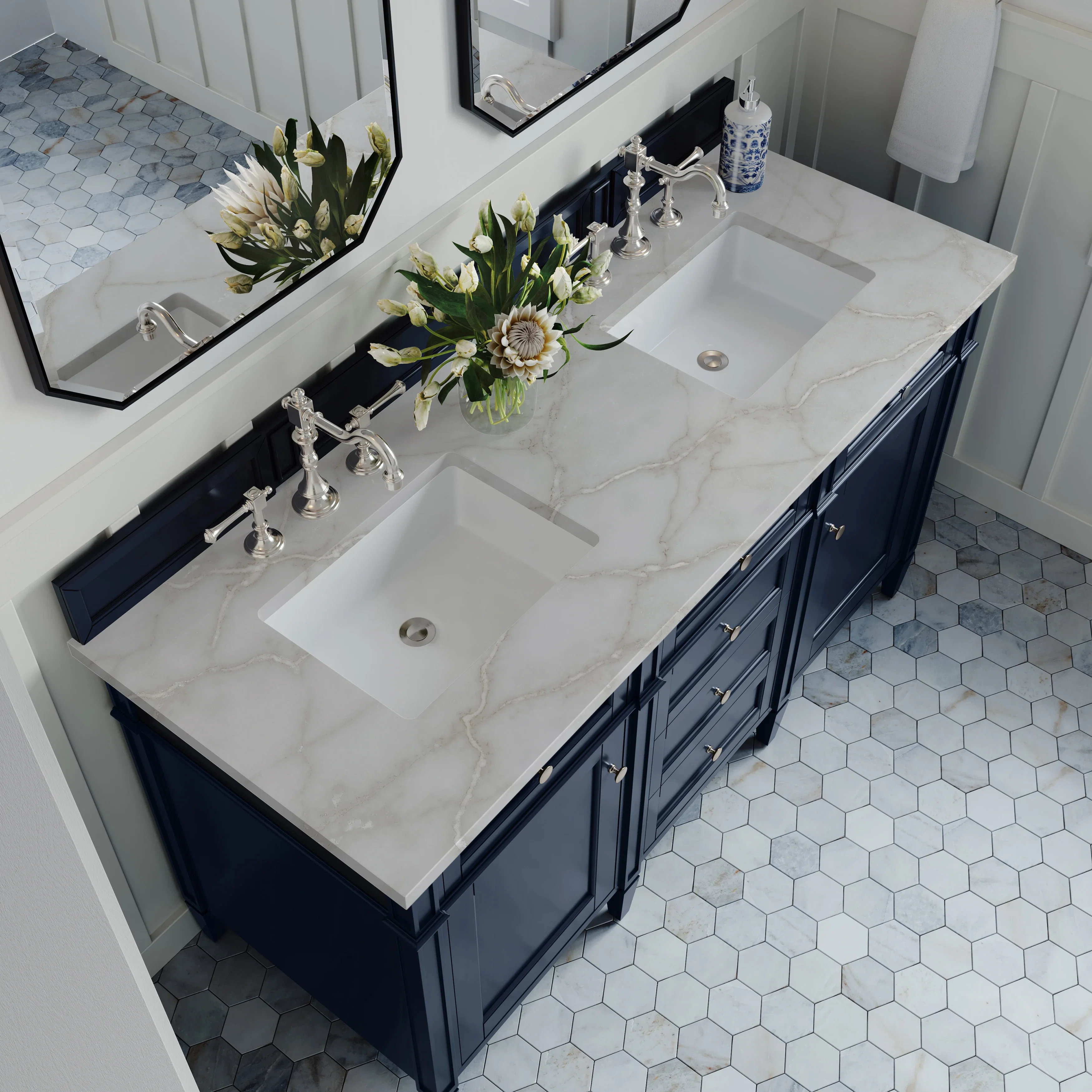Brittany 60" Double Vanity, Victory Bleu w/ 3 CM Victorian Silver Silestone Top