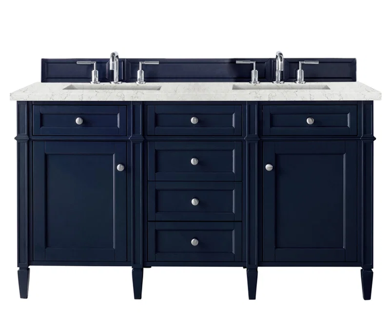 Brittany 60" Double Vanity, Victory Blue w/ 3 CM Eternal Jasmine Pearl Silestone Top w/FreePower Wireless Charger