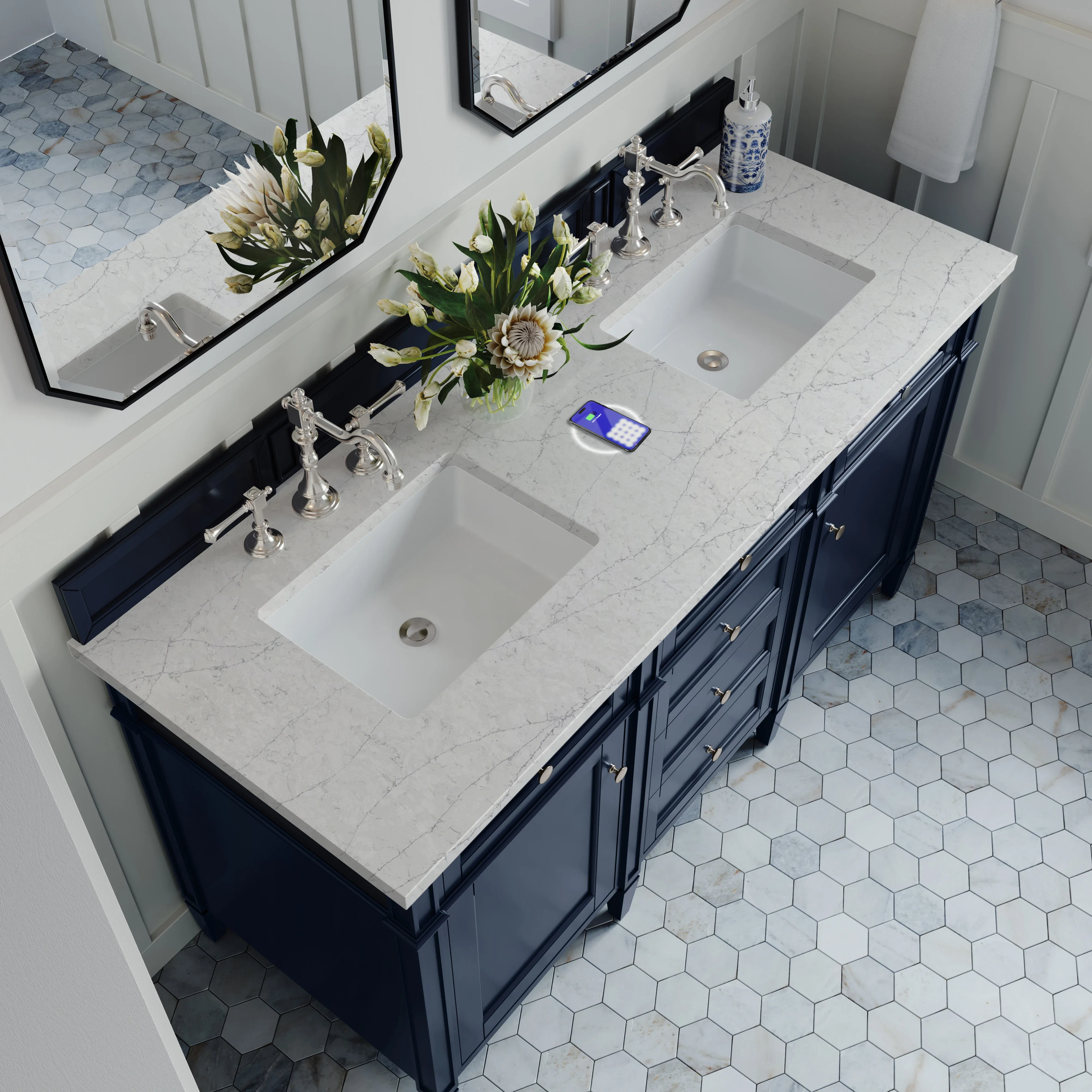 Brittany 60" Double Vanity, Victory Blue w/ 3 CM Eternal Jasmine Pearl Silestone Top w/FreePower Wireless Charger