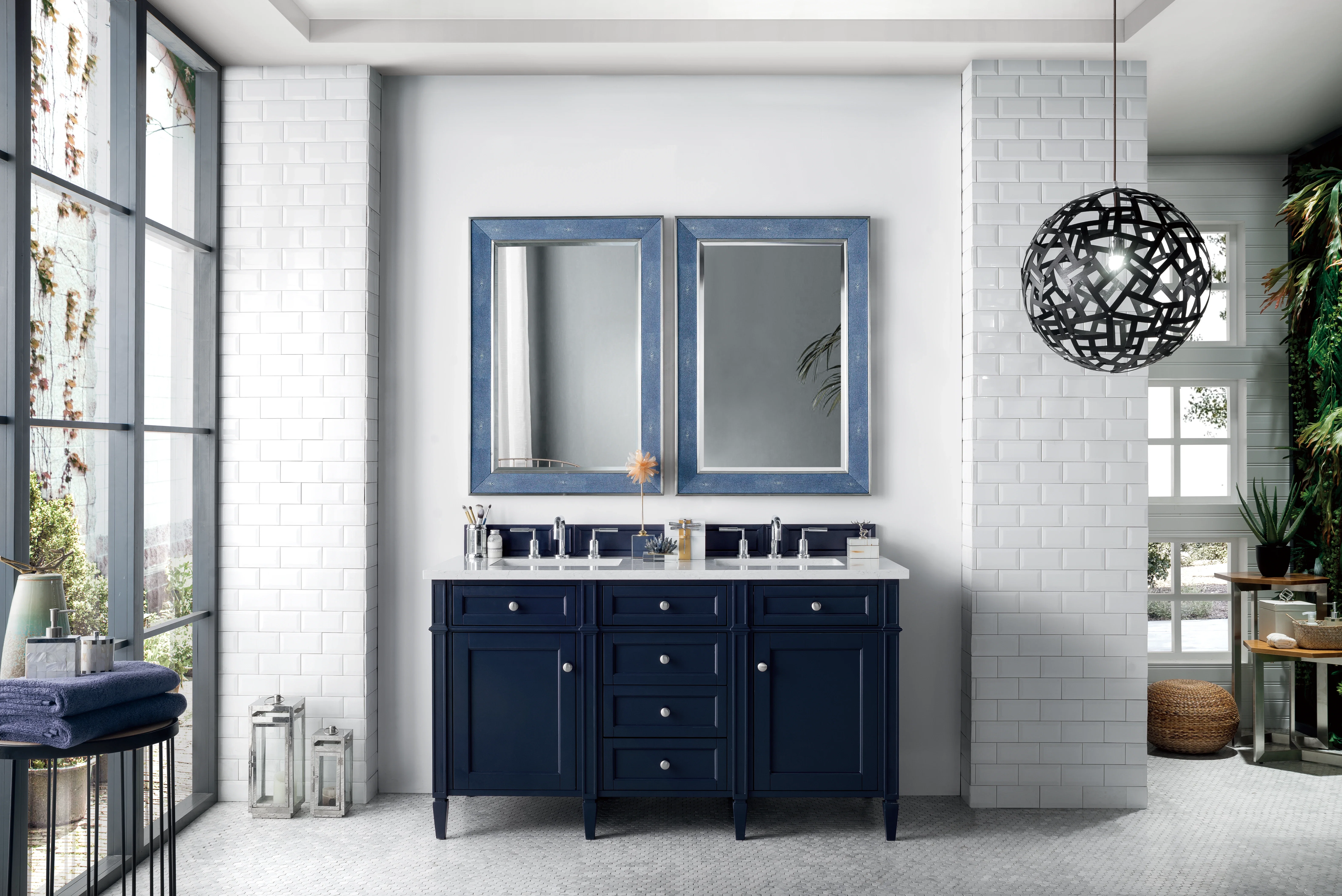 Brittany 60" Double Vanity, Victory Blue w/ 3 CM Eternal Jasmine Pearl Silestone Top w/FreePower Wireless Charger