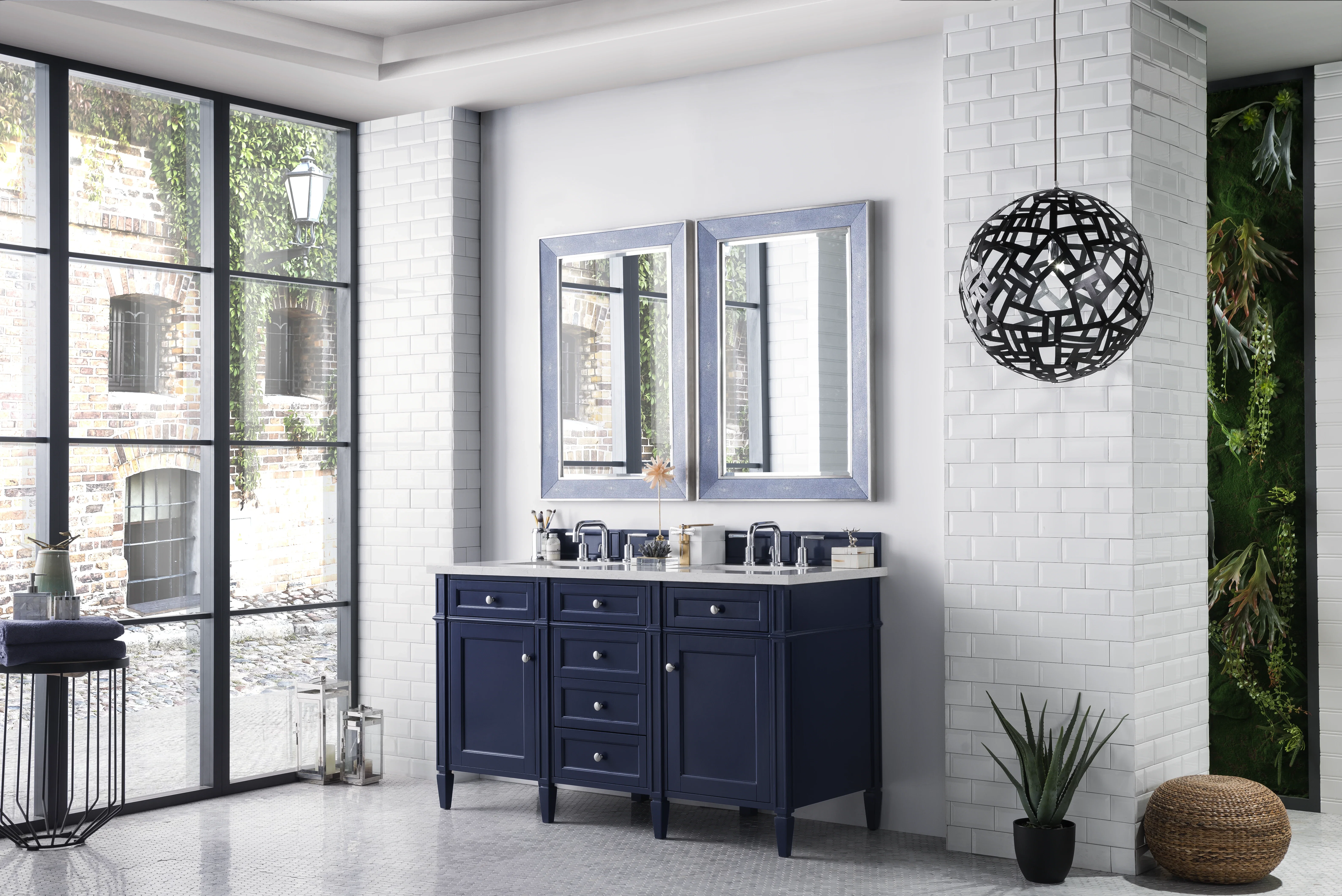Brittany 60" Double Vanity, Victory Blue w/ 3 CM Eternal Jasmine Pearl Silestone Top w/FreePower Wireless Charger