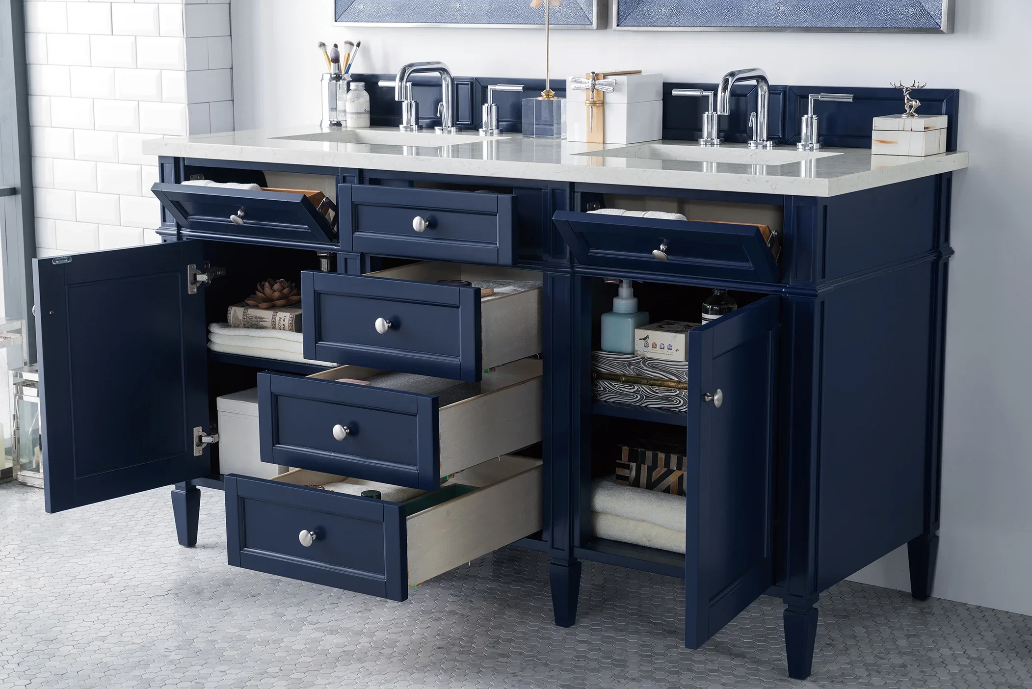 Brittany 60" Double Vanity, Victory Blue w/ 3 CM Eternal Jasmine Pearl Silestone Top w/FreePower Wireless Charger