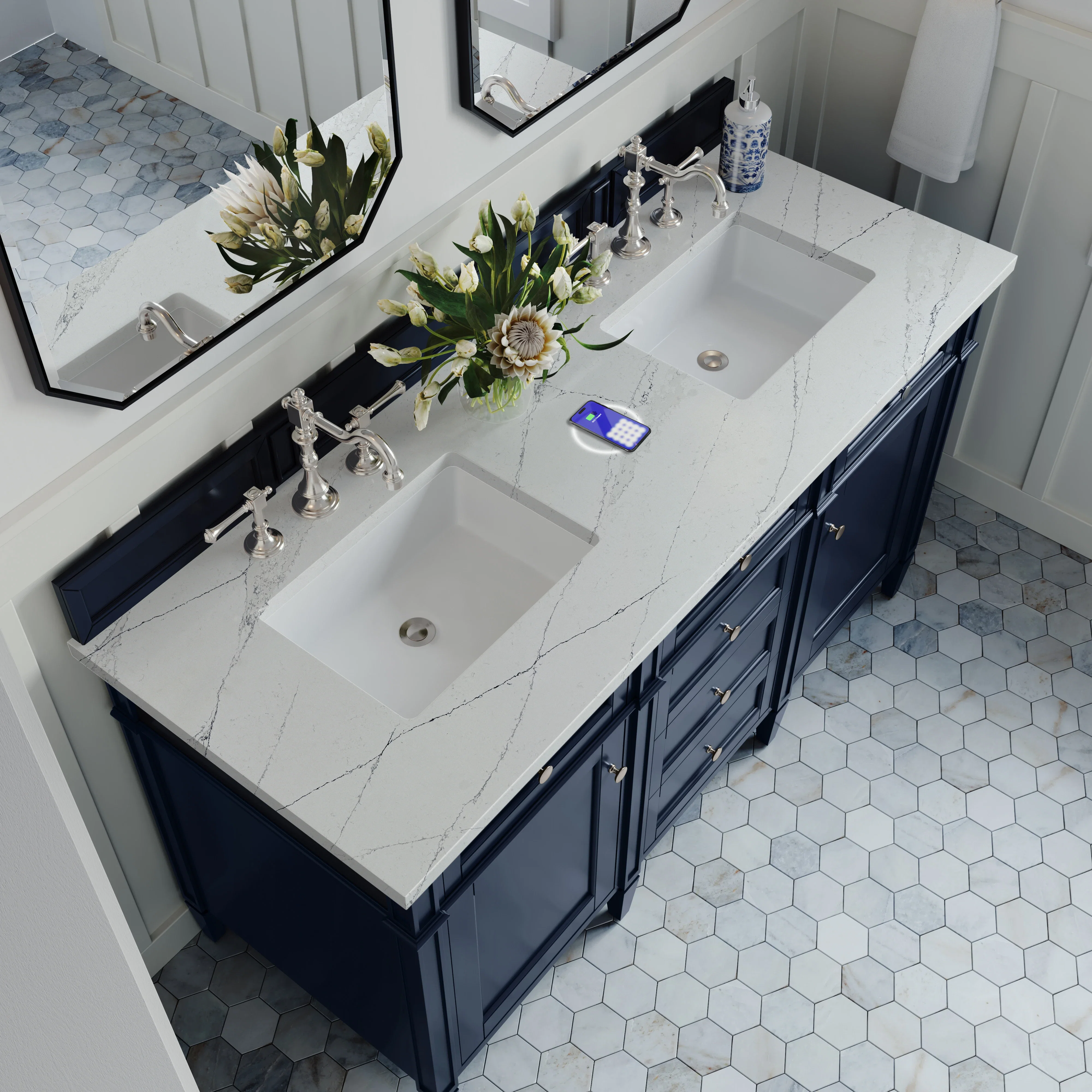 Brittany 60" Double Vanity, Victory Blue w/ 3 CM Ethereal Noctis Silestone Top w/FreePower Wireless Charger