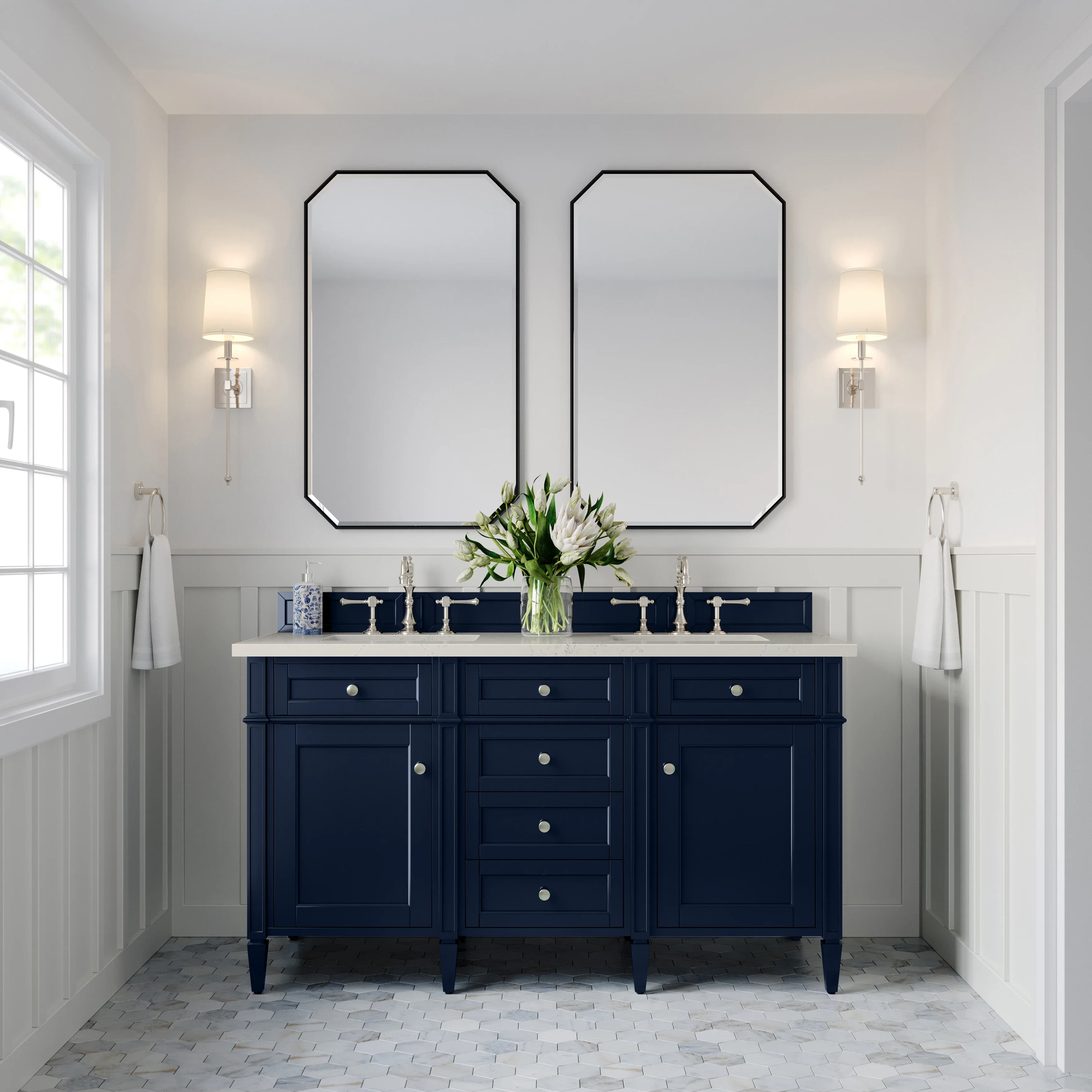 Brittany 60" Double Vanity, Victory Blue, w/ 3 CM Siberian Silestone Top w/FreePower Wireless Charger