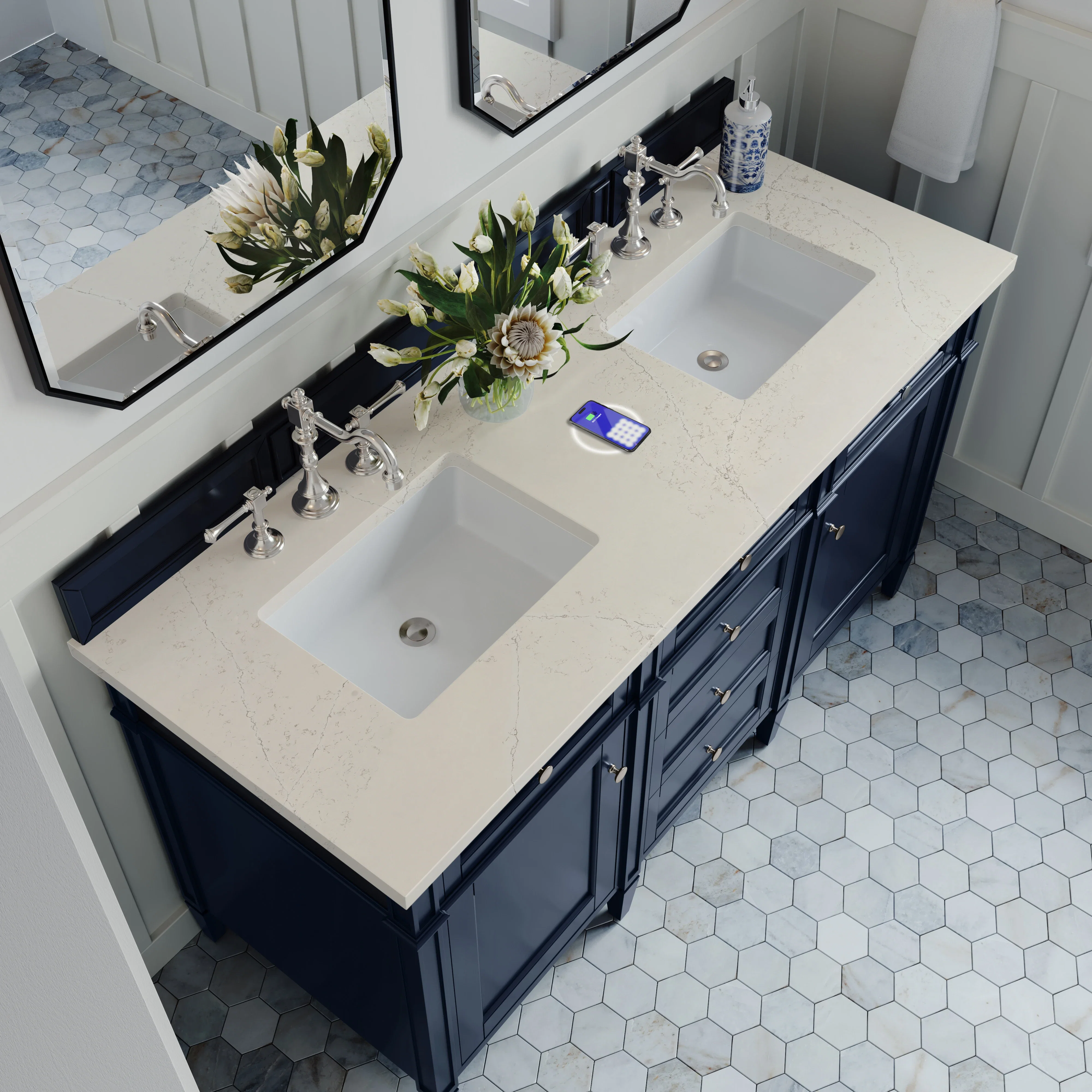 Brittany 60" Double Vanity, Victory Blue, w/ 3 CM Siberian Silestone Top w/FreePower Wireless Charger