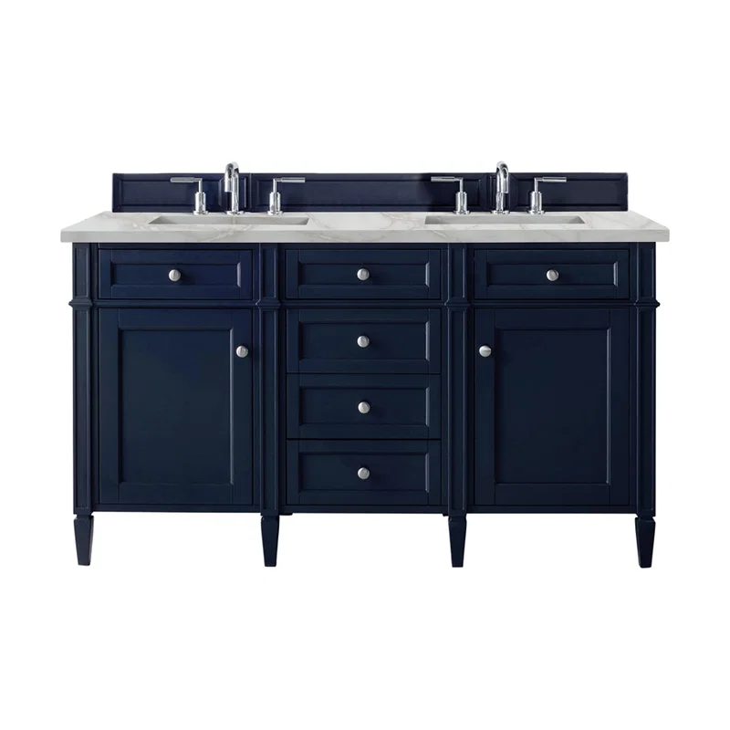 Brittany 60" Double Vanity, Victory Blue w/ 3 CM Victorian Silver Silestone Top w/FreePower Wireless Charger