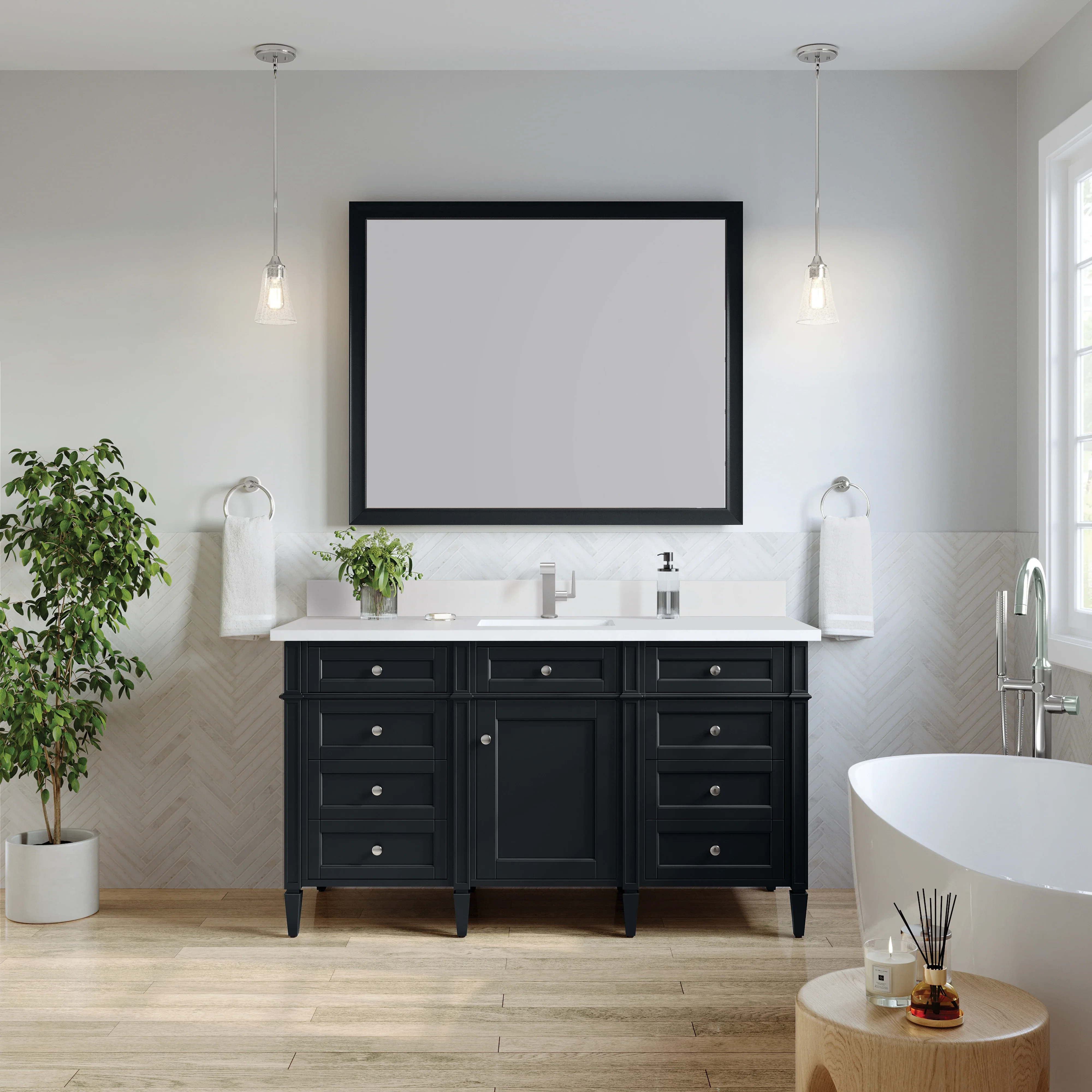 Brittany 60" Single Vanity, Black Onyx w/ Single Hole 3 CM White Zeus Silestone Top & Backsplash