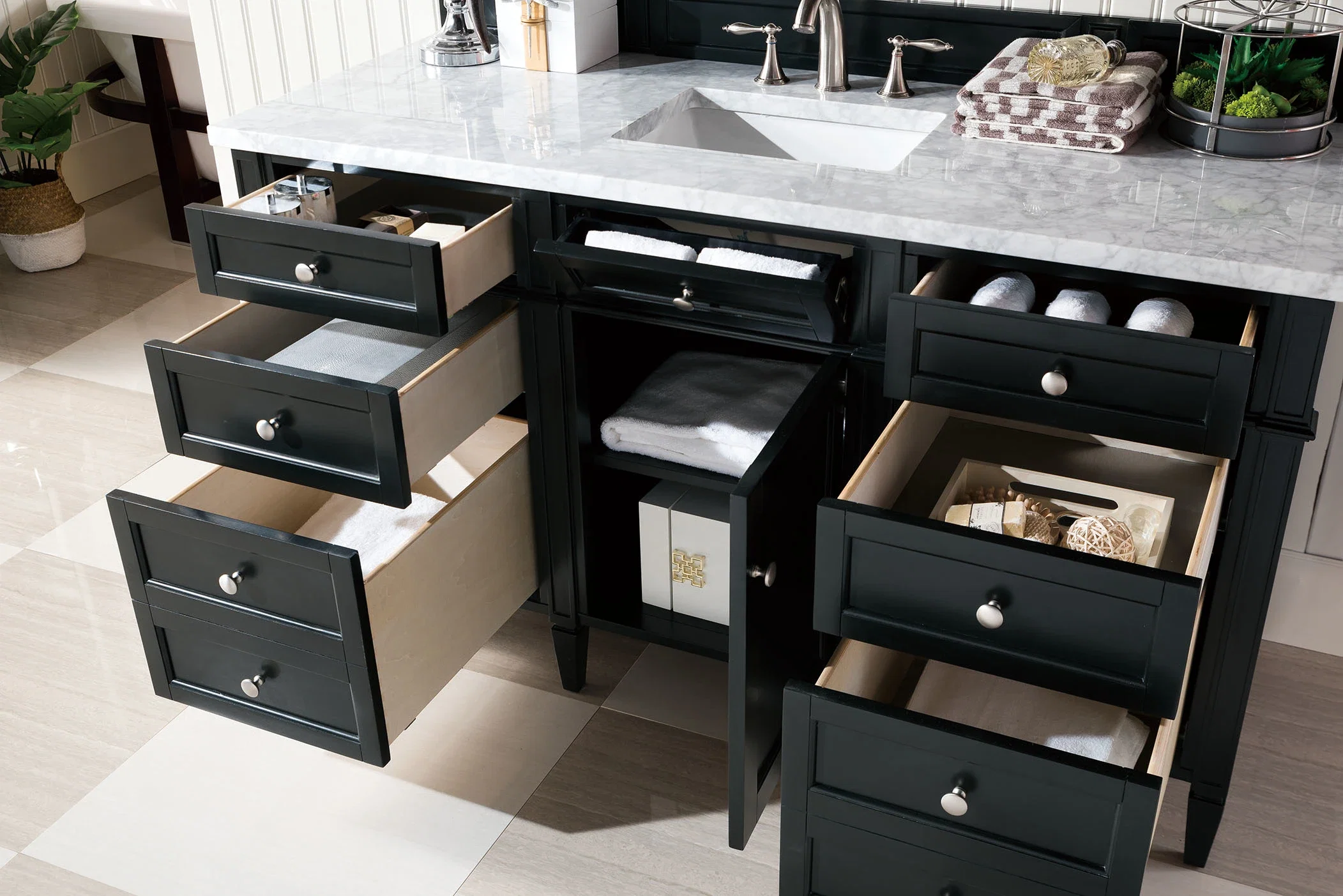 Brittany 60" Single Vanity, Black Onyx w/ 3 CM Carrara Marble Top