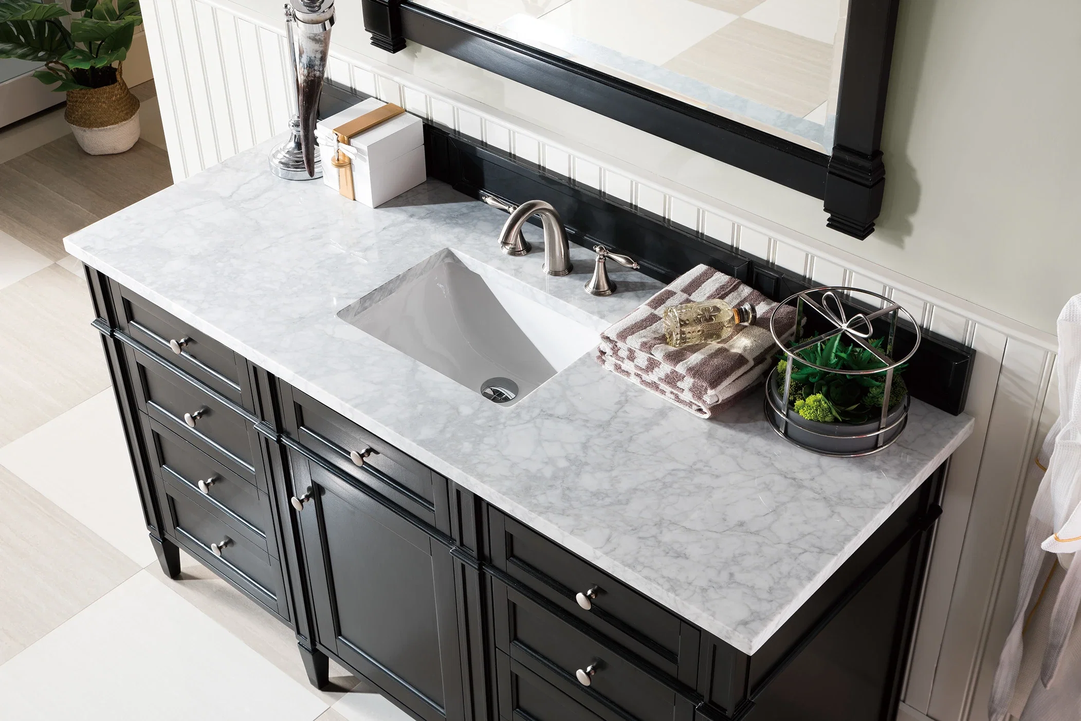 Brittany 60" Single Vanity, Black Onyx w/ 3 CM Carrara Marble Top