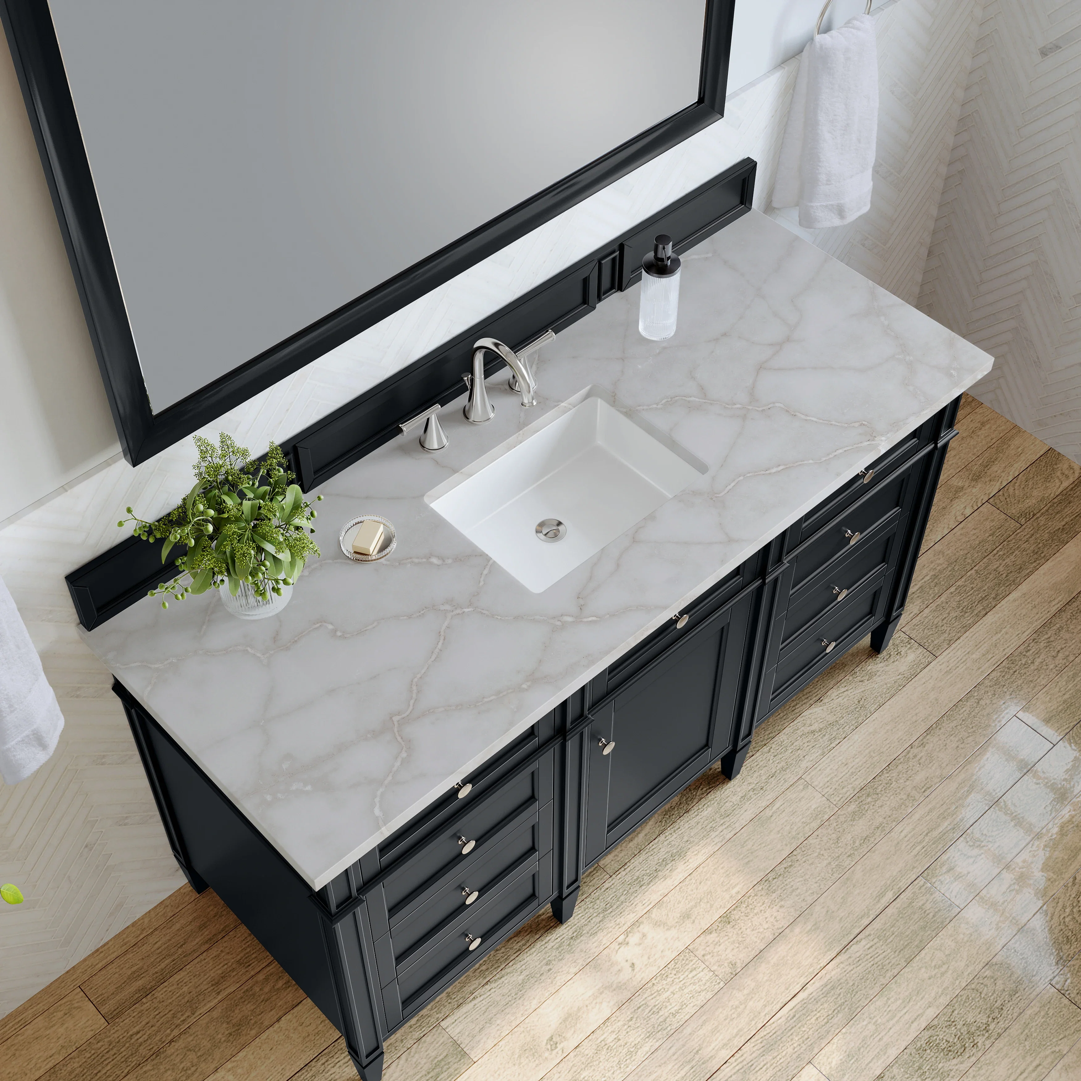 Brittany 60" Single Vanity, Black Onyx w/ 3 CM Victorian Silver Silestone Top