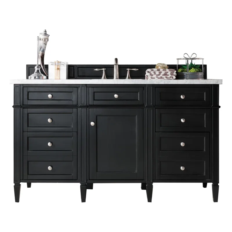 Brittany 60" Single Vanity, Black Onyx, w/ 3 CM Eternal Jasmine Pearl Silestone Top w/FreePower Wireless Charger