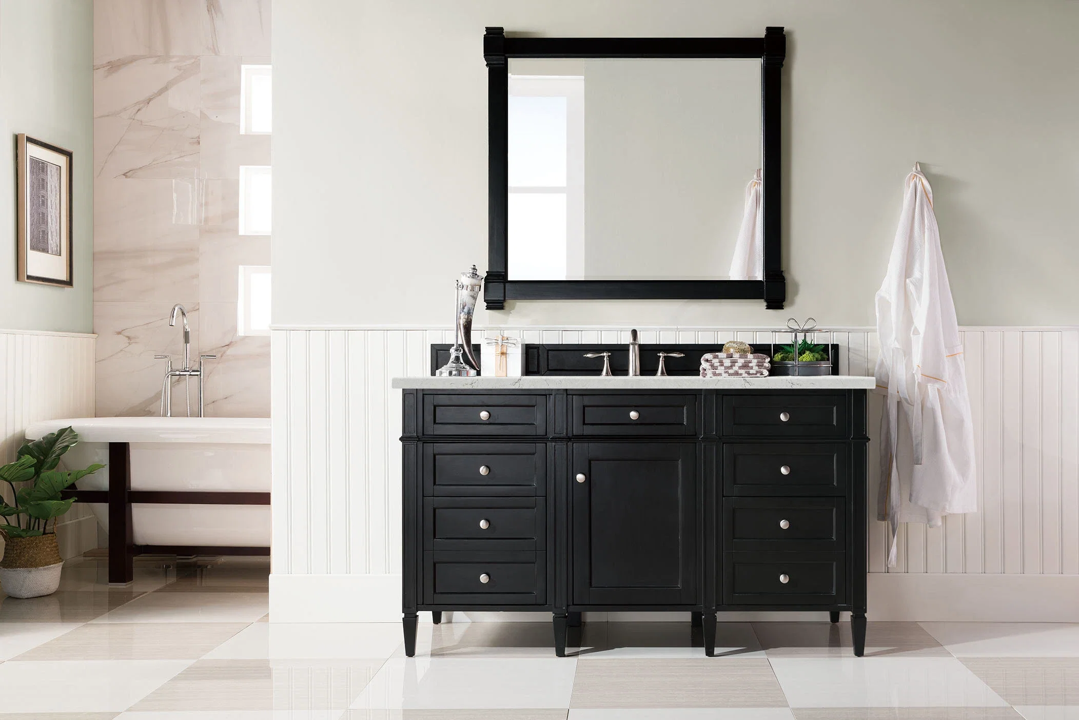 Brittany 60" Single Vanity, Black Onyx, w/ 3 CM Eternal Jasmine Pearl Silestone Top w/FreePower Wireless Charger