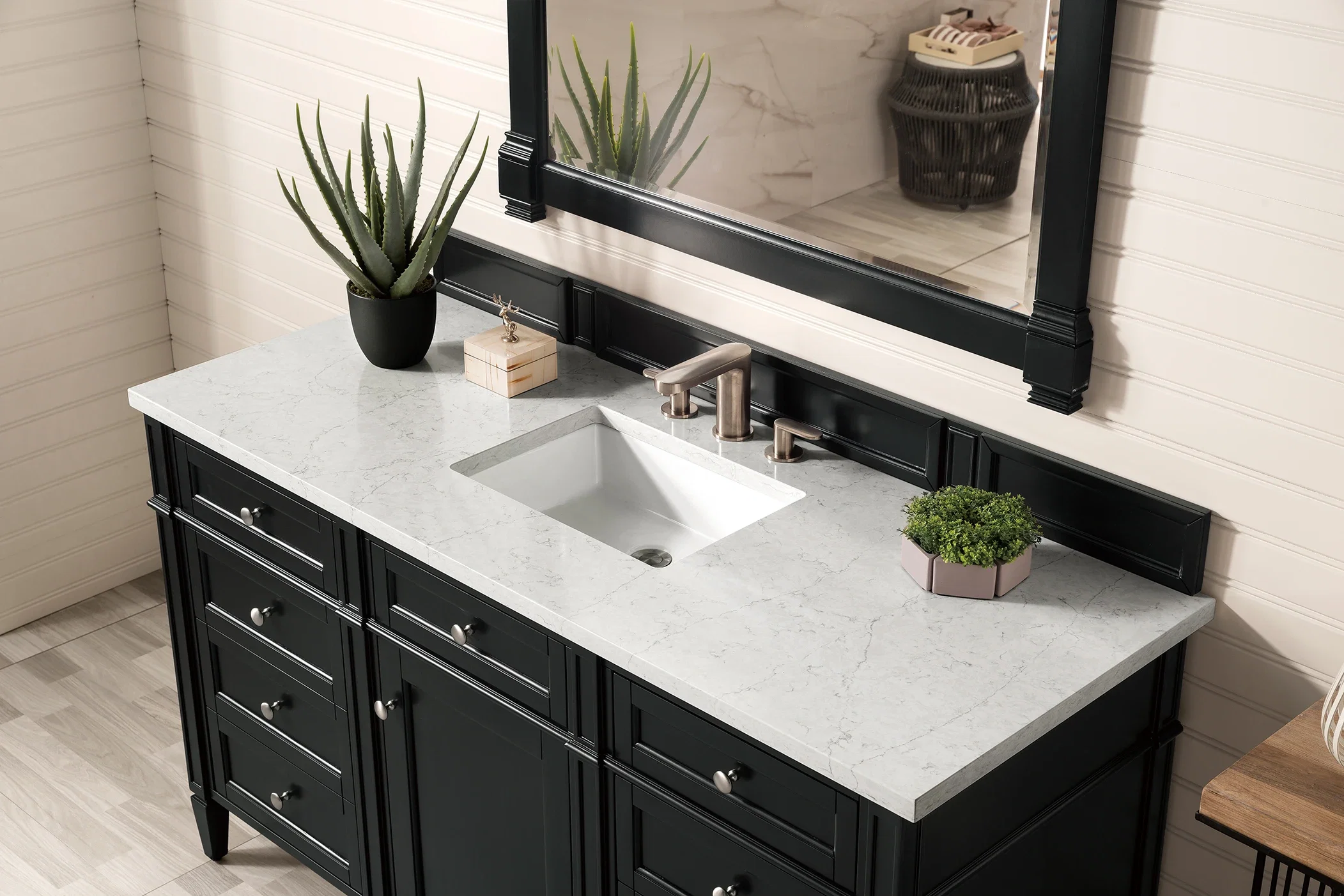 Brittany 60" Single Vanity, Black Onyx, w/ 3 CM Eternal Jasmine Pearl Silestone Top w/FreePower Wireless Charger