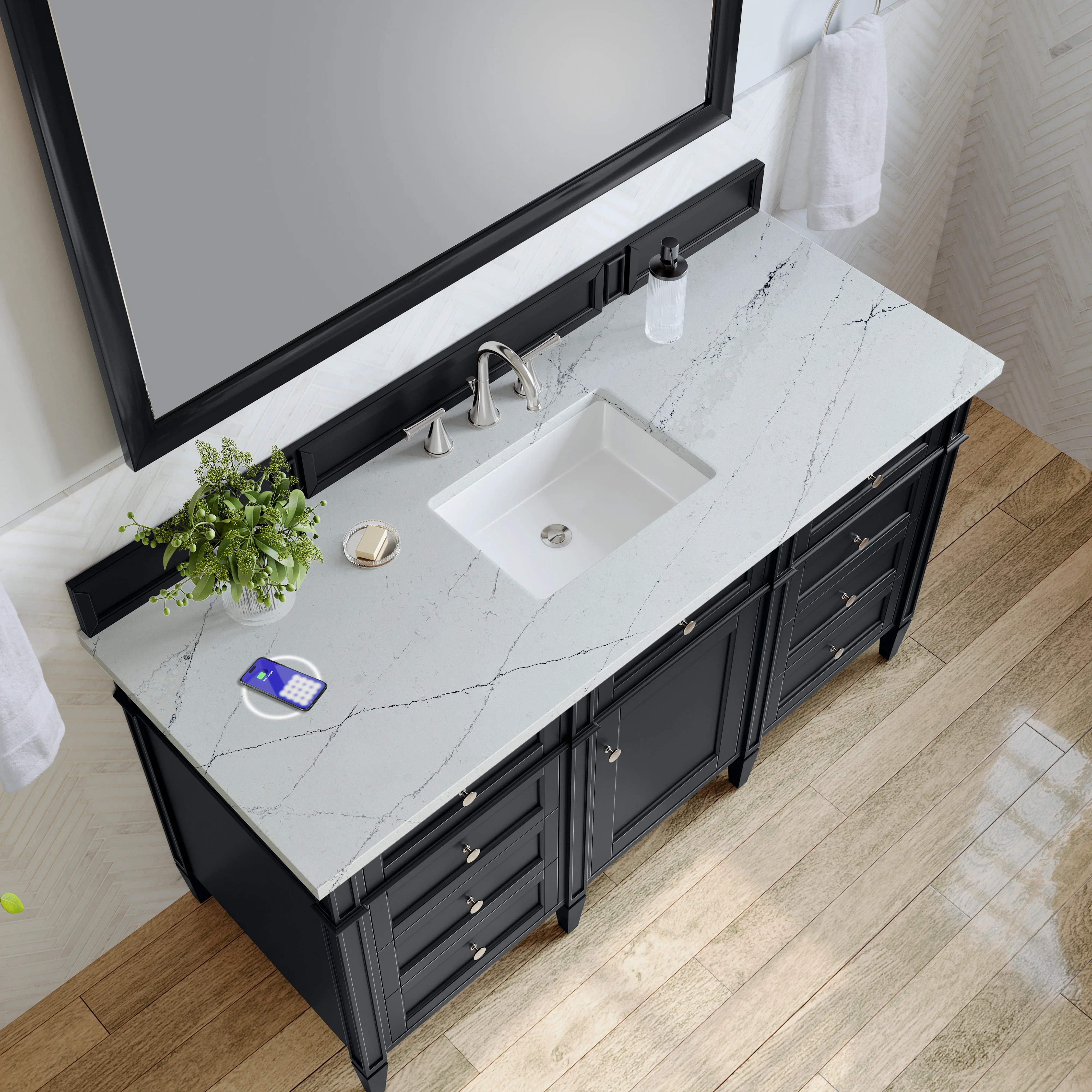 Brittany 60" Single Vanity, Black Onyx, w/ 3 CM Ethereal Noctis Silestone Top w/FreePower Wireless Charger