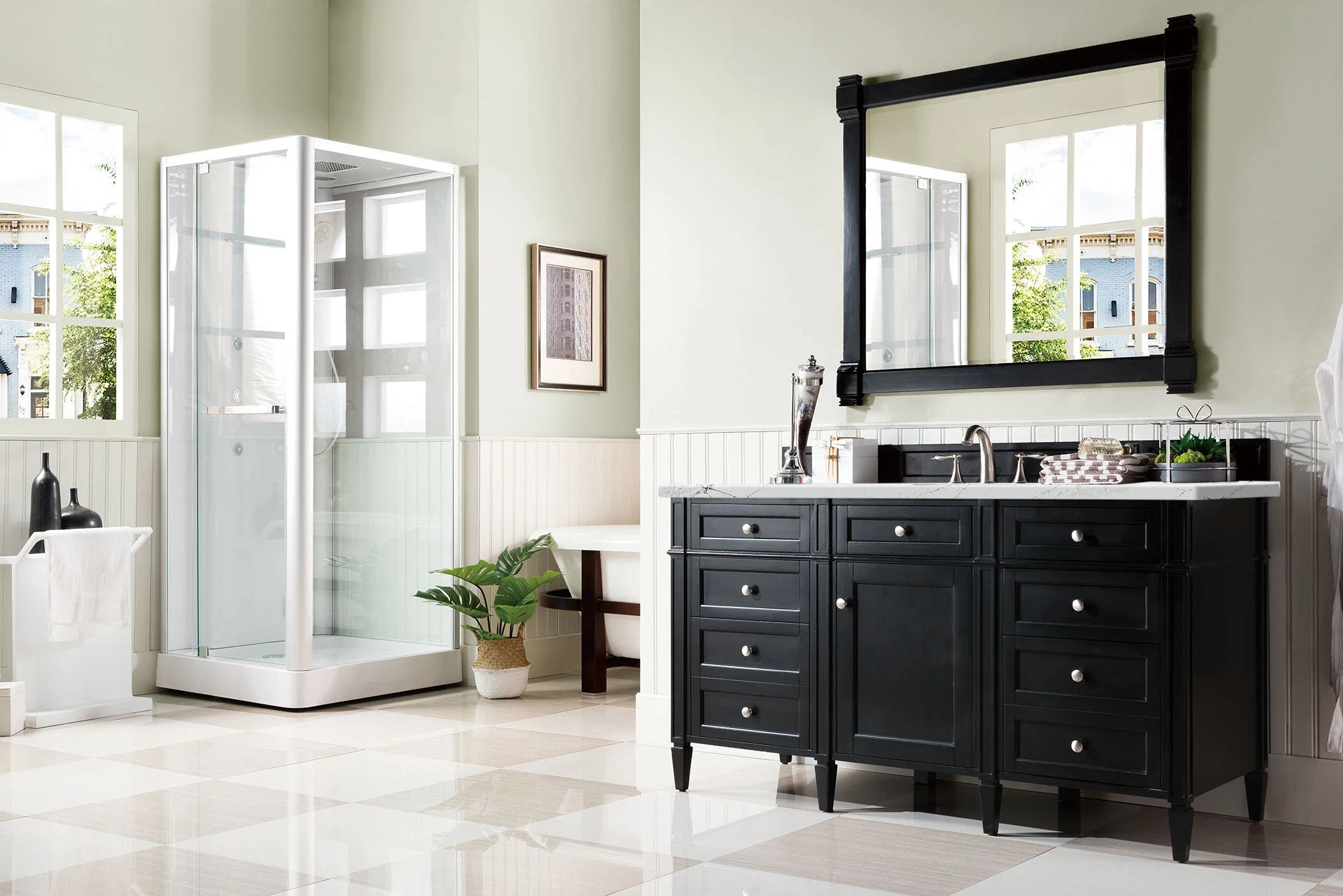 Brittany 60" Single Vanity, Black Onyx, w/ 3 CM Ethereal Noctis Silestone Top w/FreePower Wireless Charger