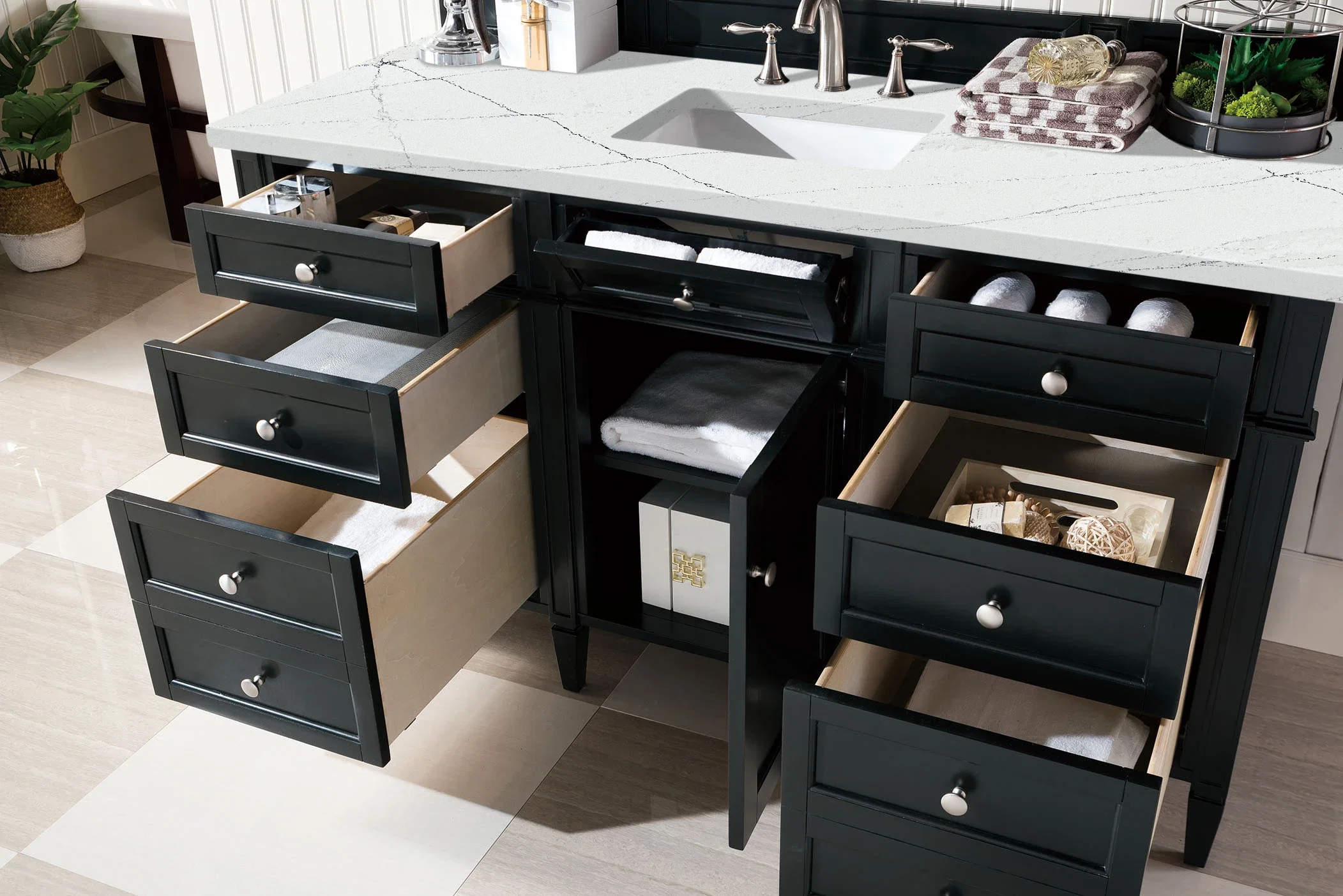 Brittany 60" Single Vanity, Black Onyx, w/ 3 CM Ethereal Noctis Silestone Top w/FreePower Wireless Charger