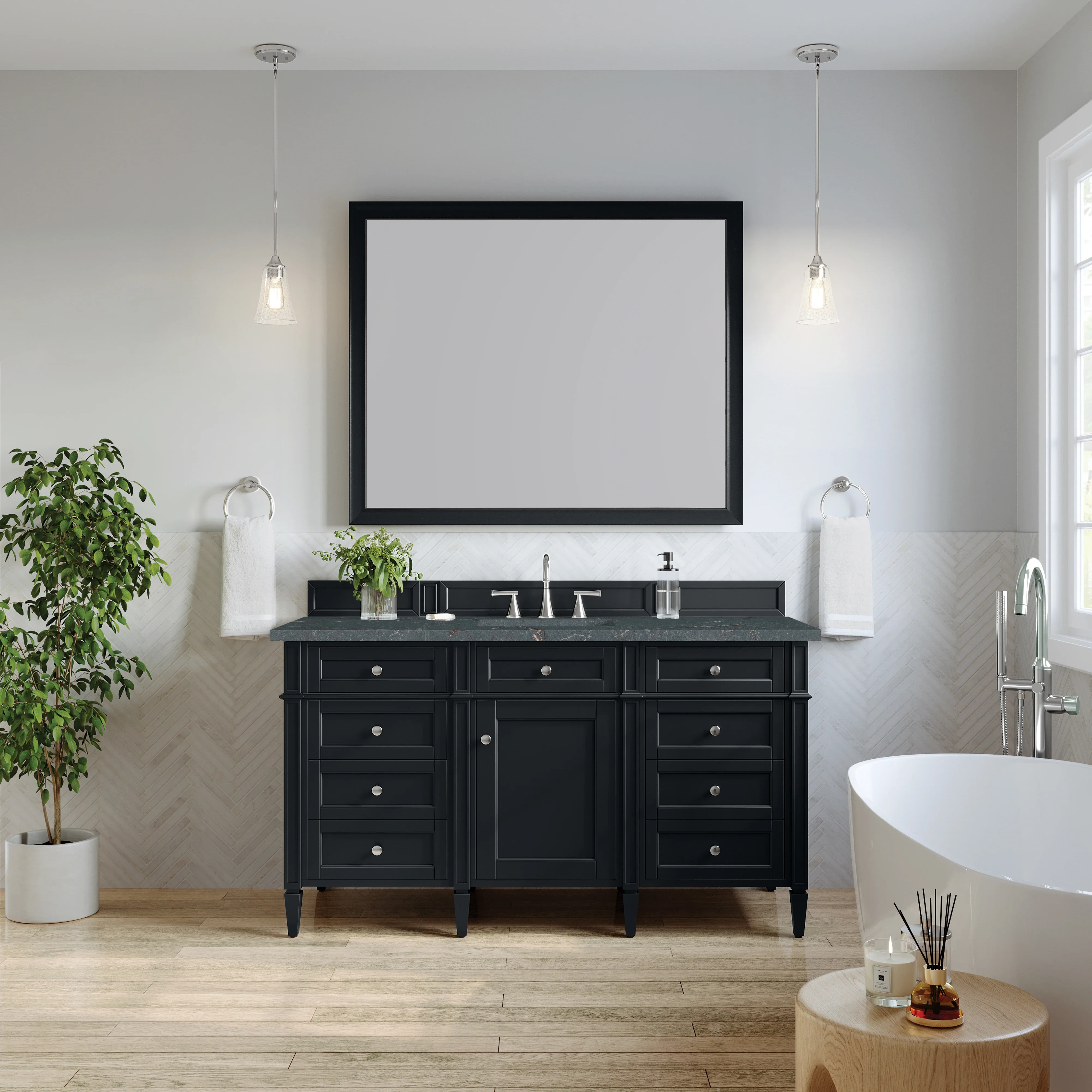 Brittany 60" Single Vanity, Black Onyx w/ 3 CM Parisien Bleu Silestone Top w/FreePower Wireless Charger