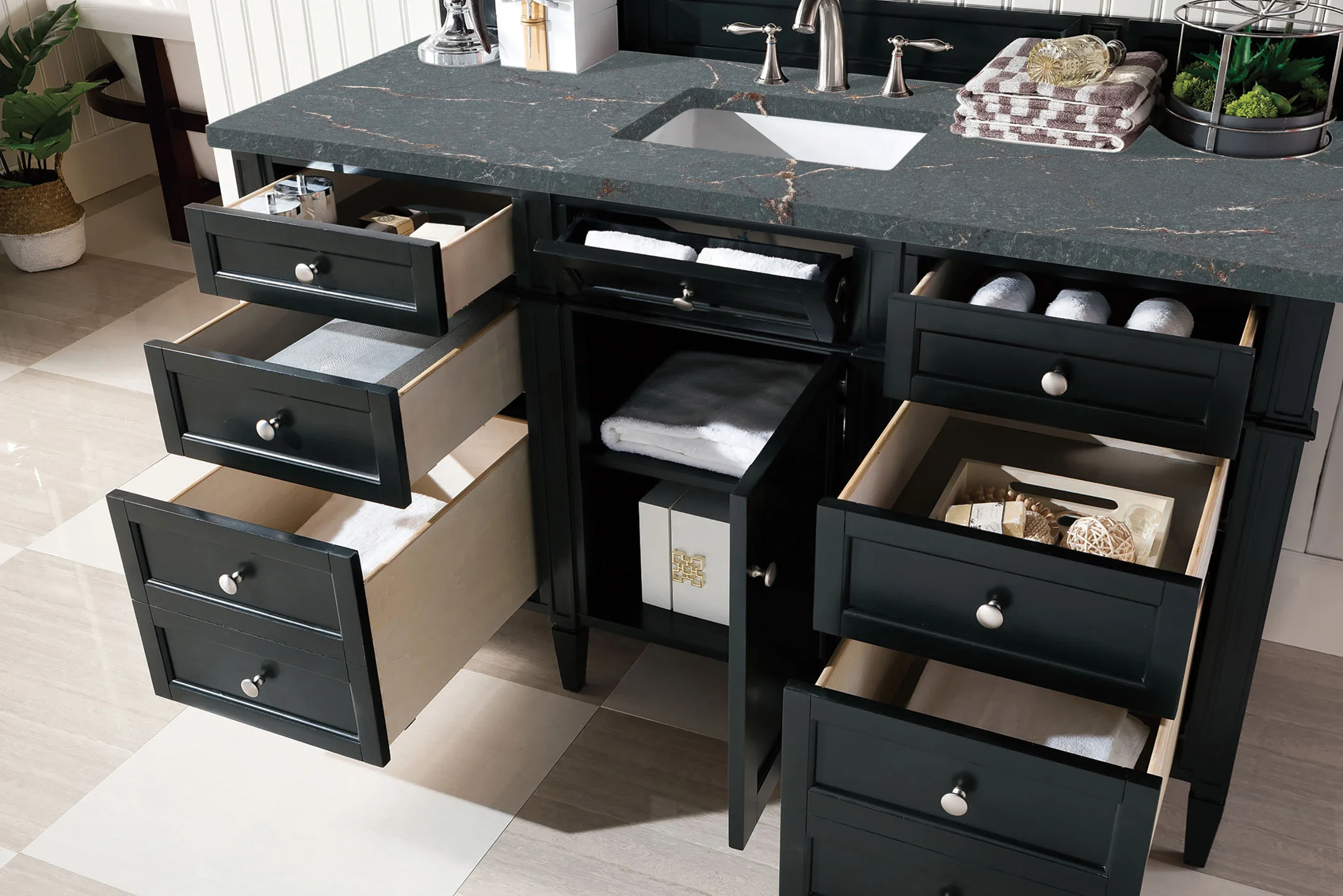 Brittany 60" Single Vanity, Black Onyx w/ 3 CM Parisien Bleu Silestone Top w/FreePower Wireless Charger