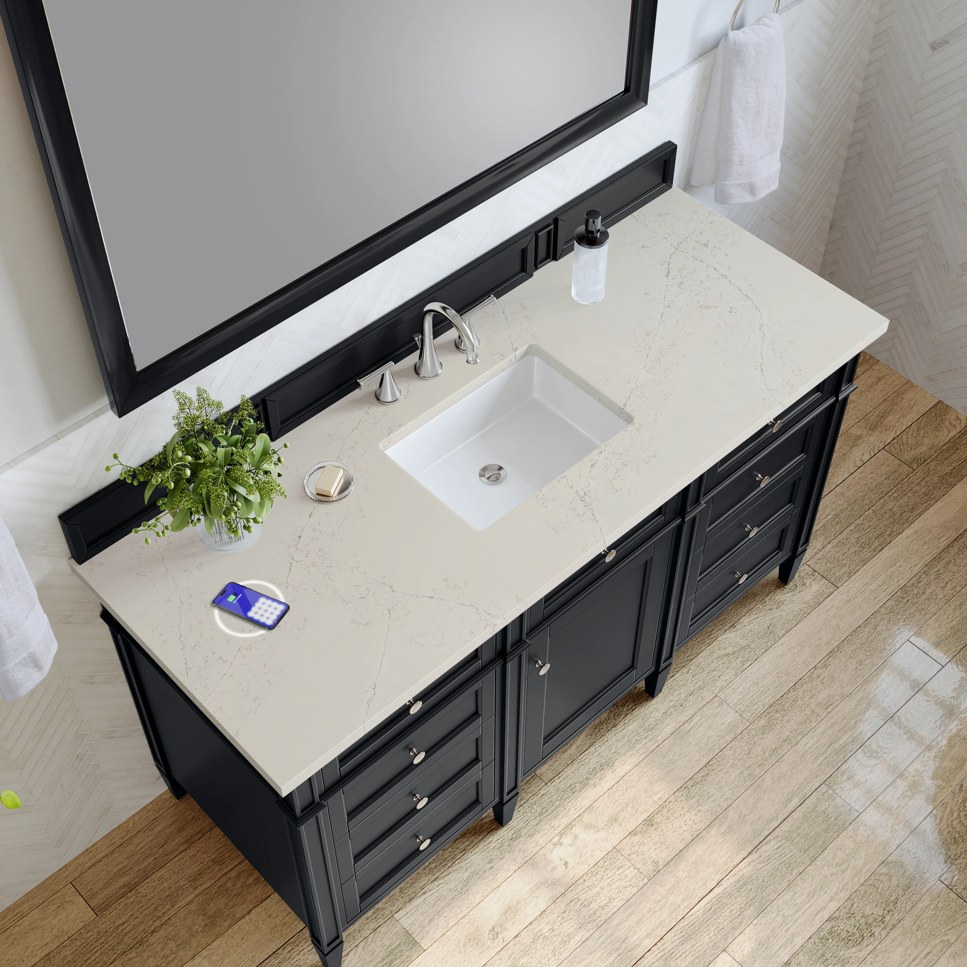 Brittany 60" Single Vanity, Black Onyx, w/ 3 CM Siberian Silestone Top w/FreePower Wireless Charger