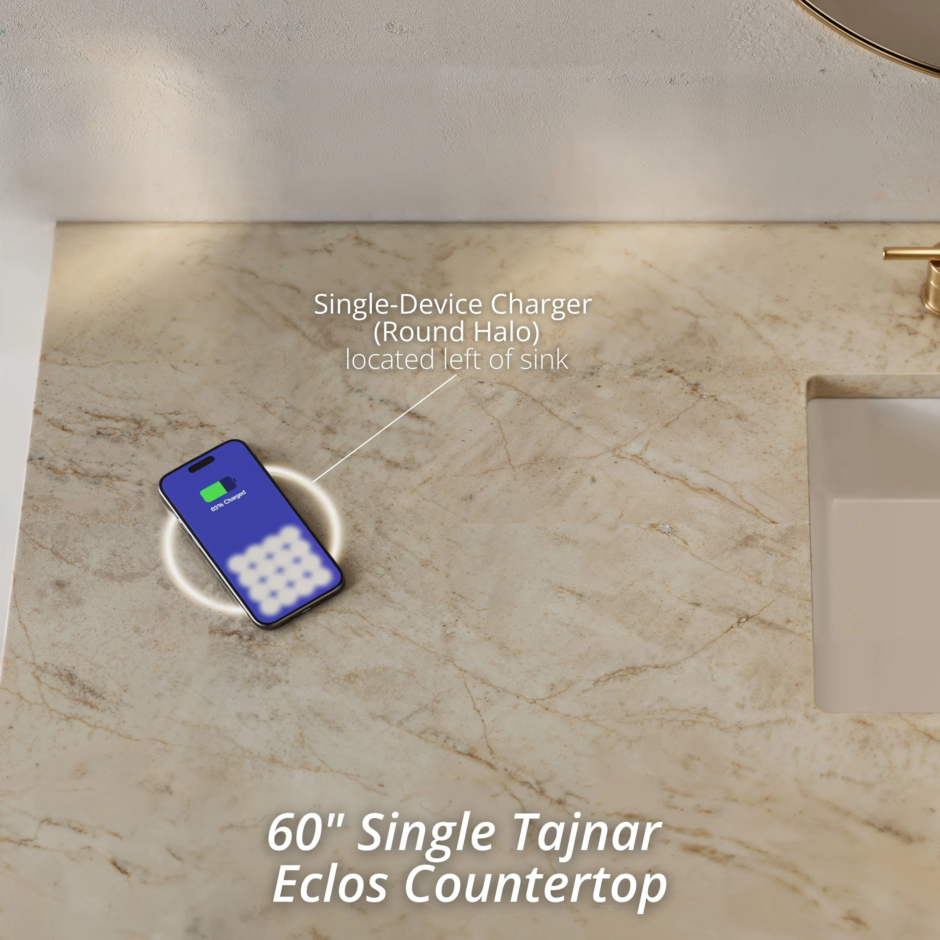 Brittany 60" Single Vanity, Black Onyx, w/ 3 CM Tajnar Eclos Top w/FreePower Wireless Charger