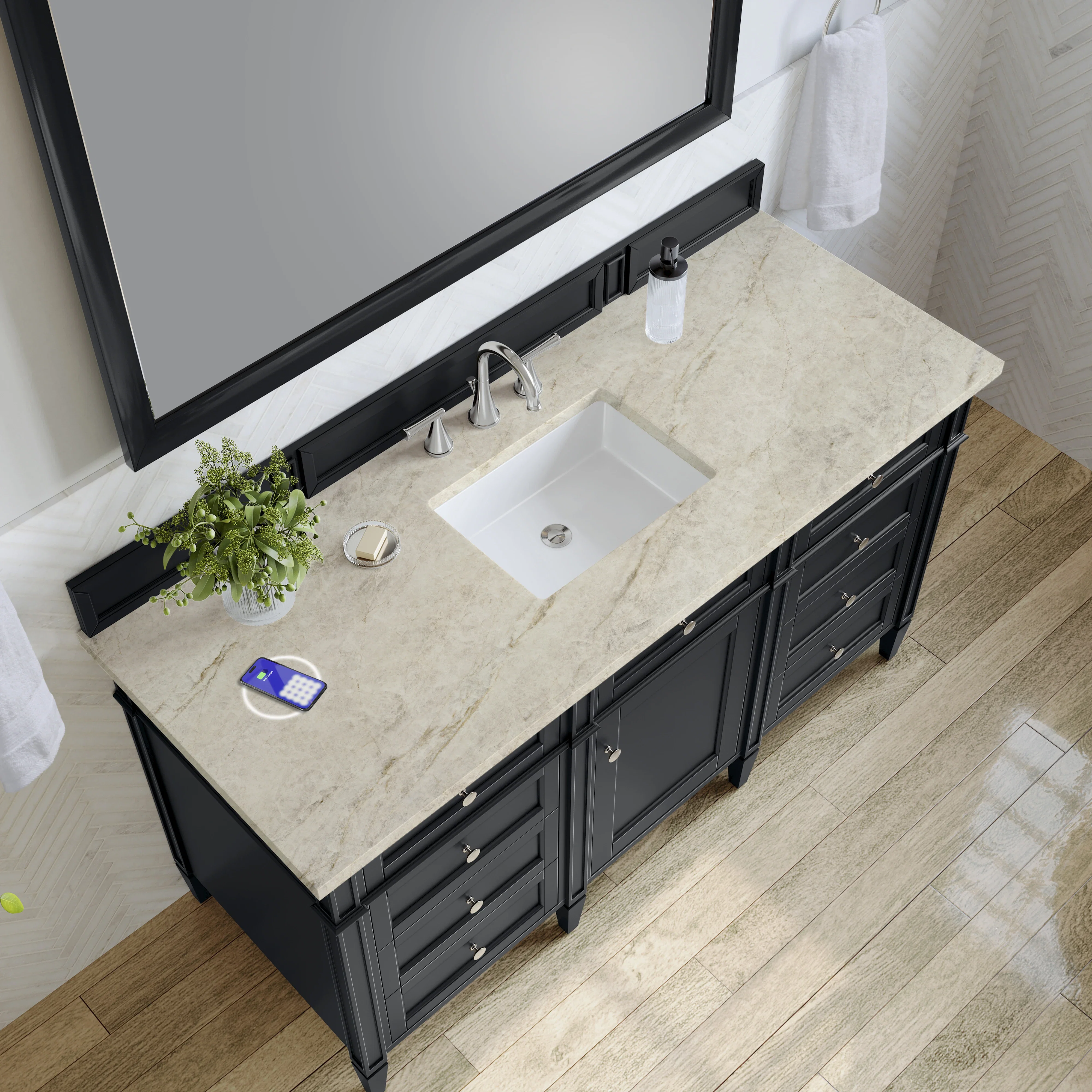 Brittany 60" Single Vanity, Black Onyx, w/ 3 CM Tajnar Eclos Top w/FreePower Wireless Charger
