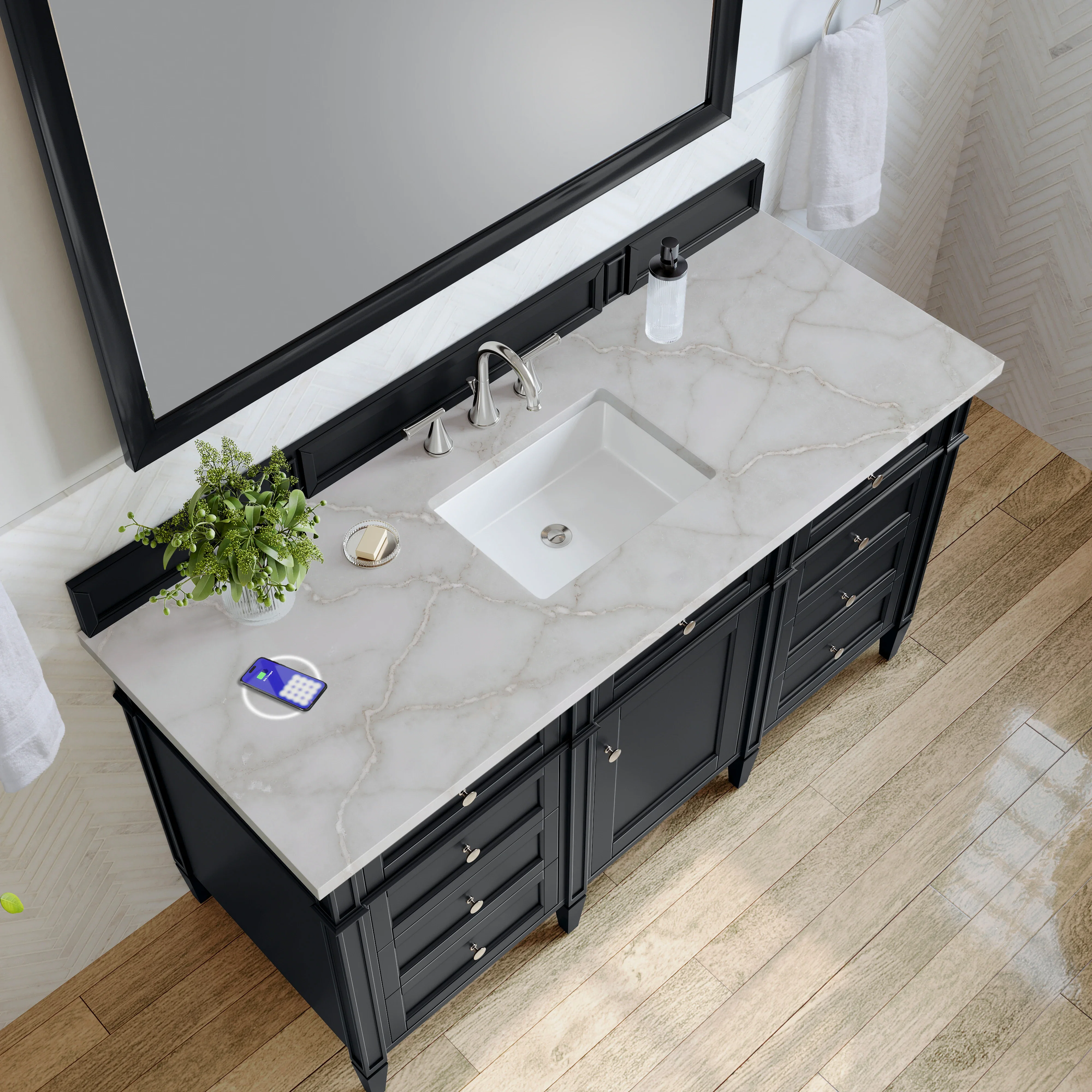 Brittany 60" Single Vanity, Black Onyx w/ 3 CM Victorian Silver Silestone Top w/FreePower Wireless Charger