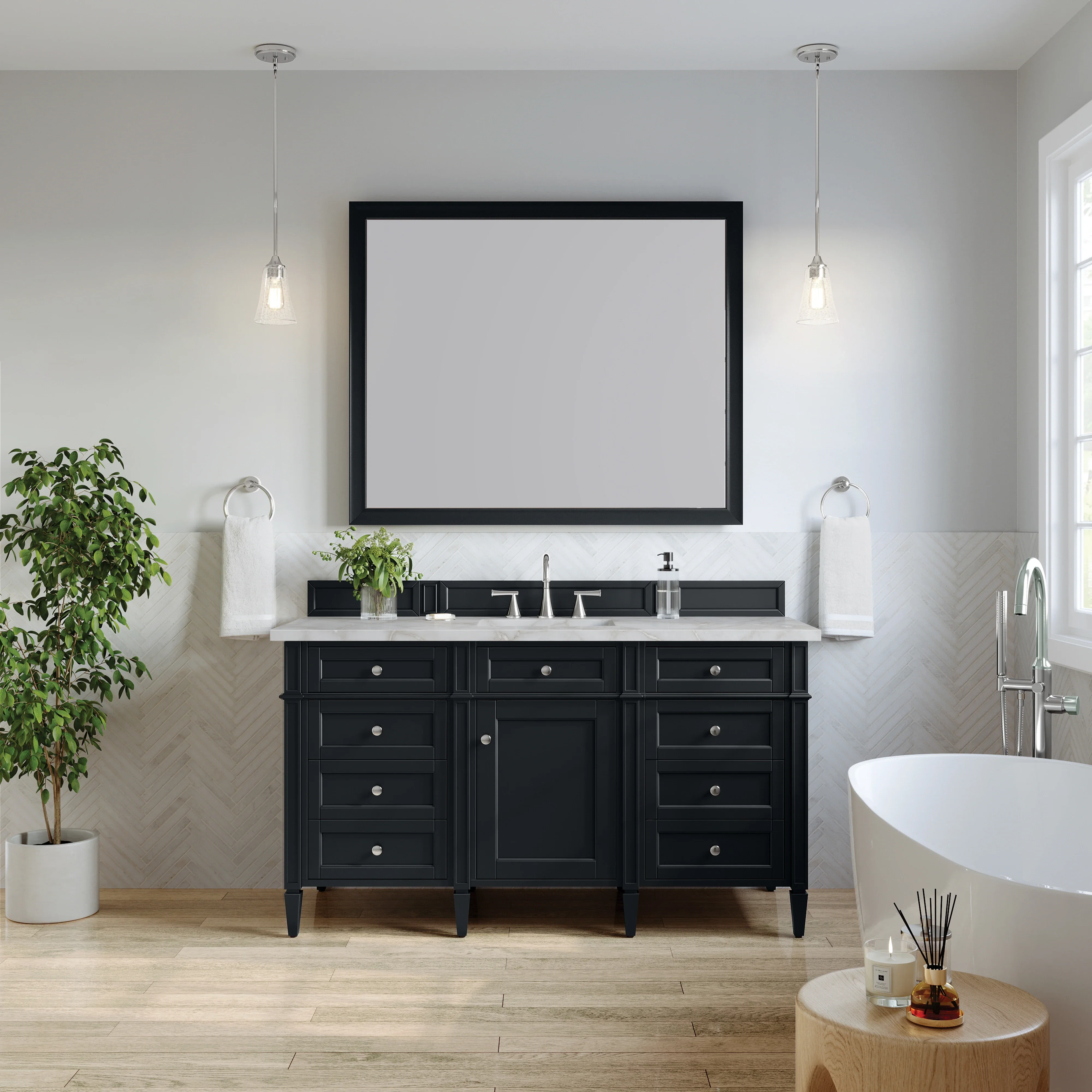 Brittany 60" Single Vanity, Black Onyx w/ 3 CM Victorian Silver Silestone Top w/FreePower Wireless Charger