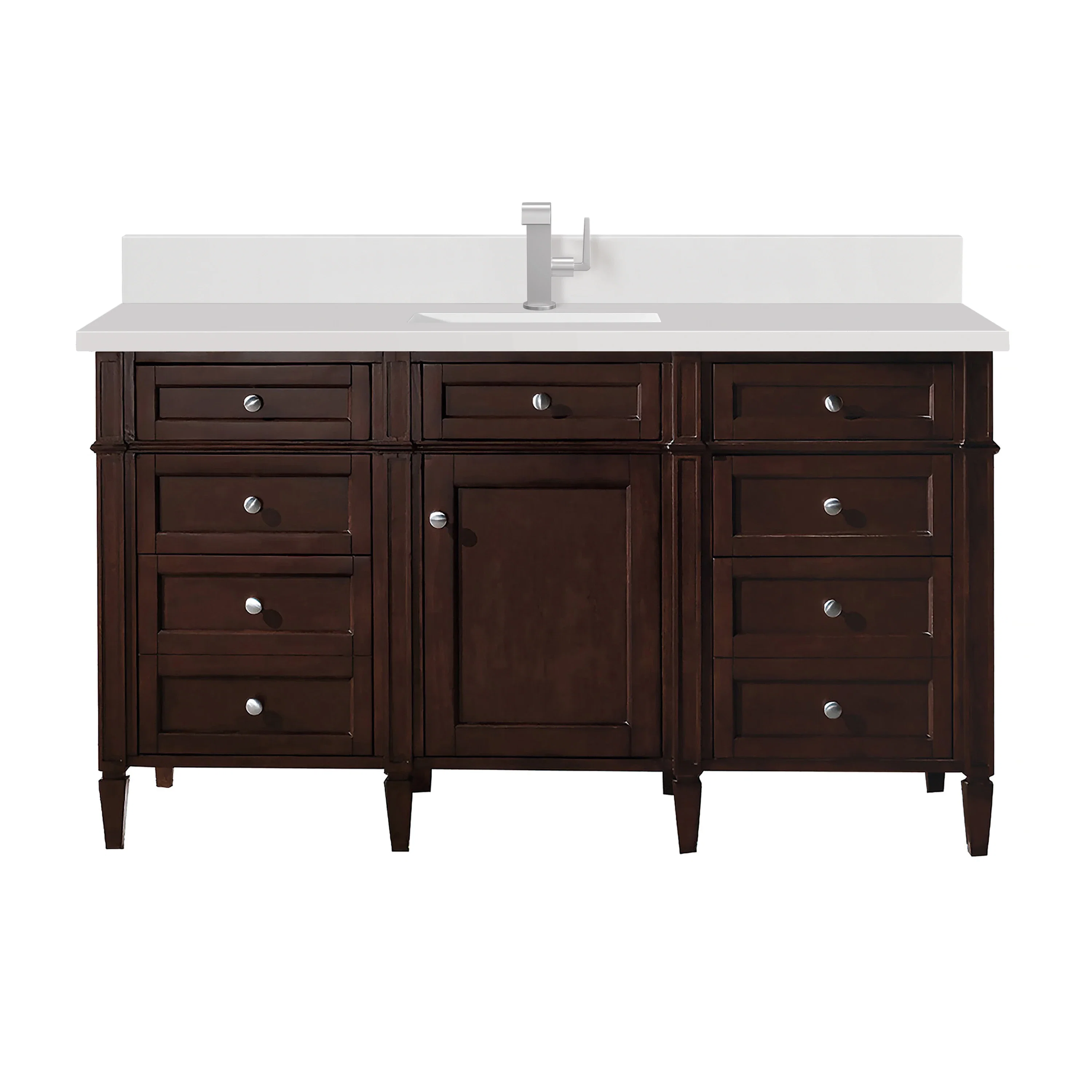 Brittany 60" Single Vanity, Burnished Mahogany w/ Single Hole 3 CM White Zeus Silestone Top & Backsplash