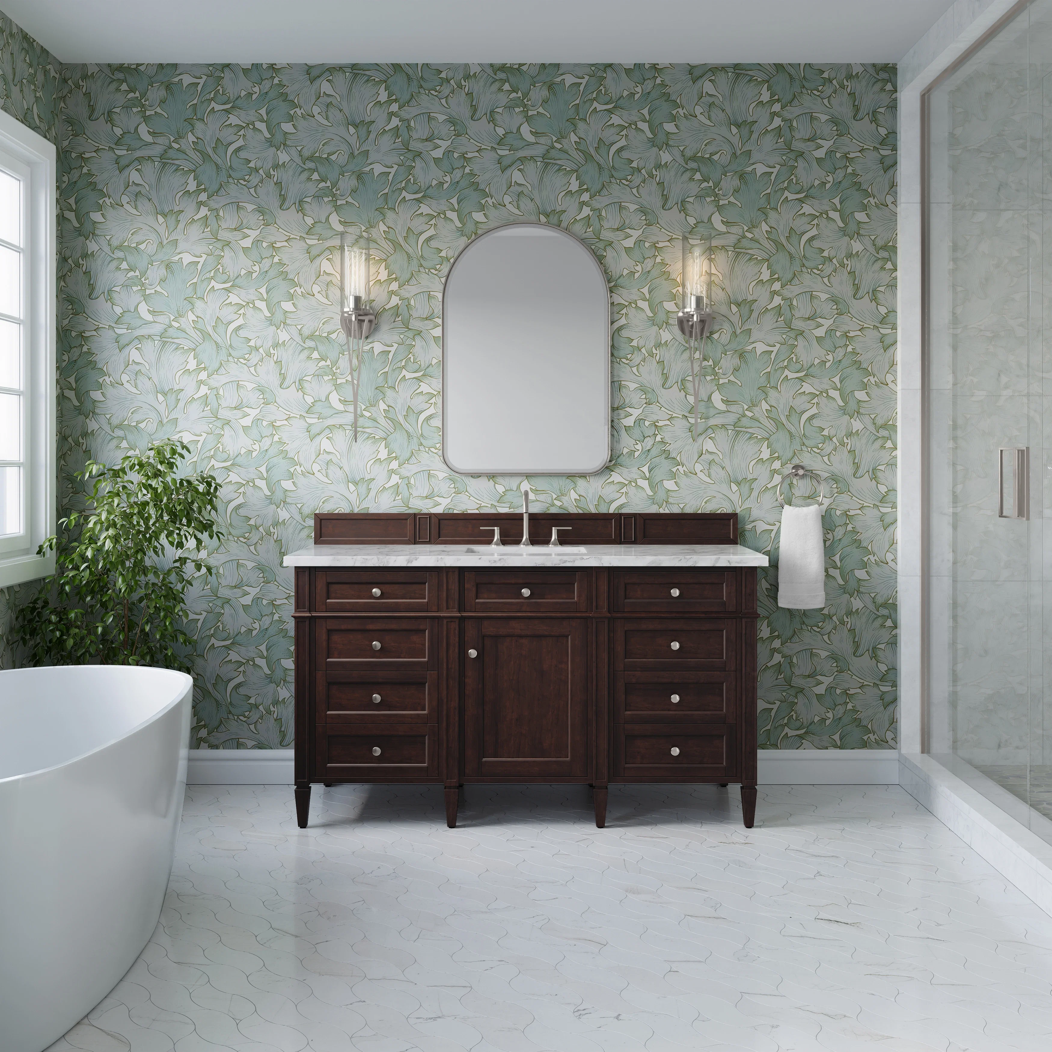 Brittany 60" Single Vanity, Burnished Mahogany w/ 3 CM Carrara Marble Top