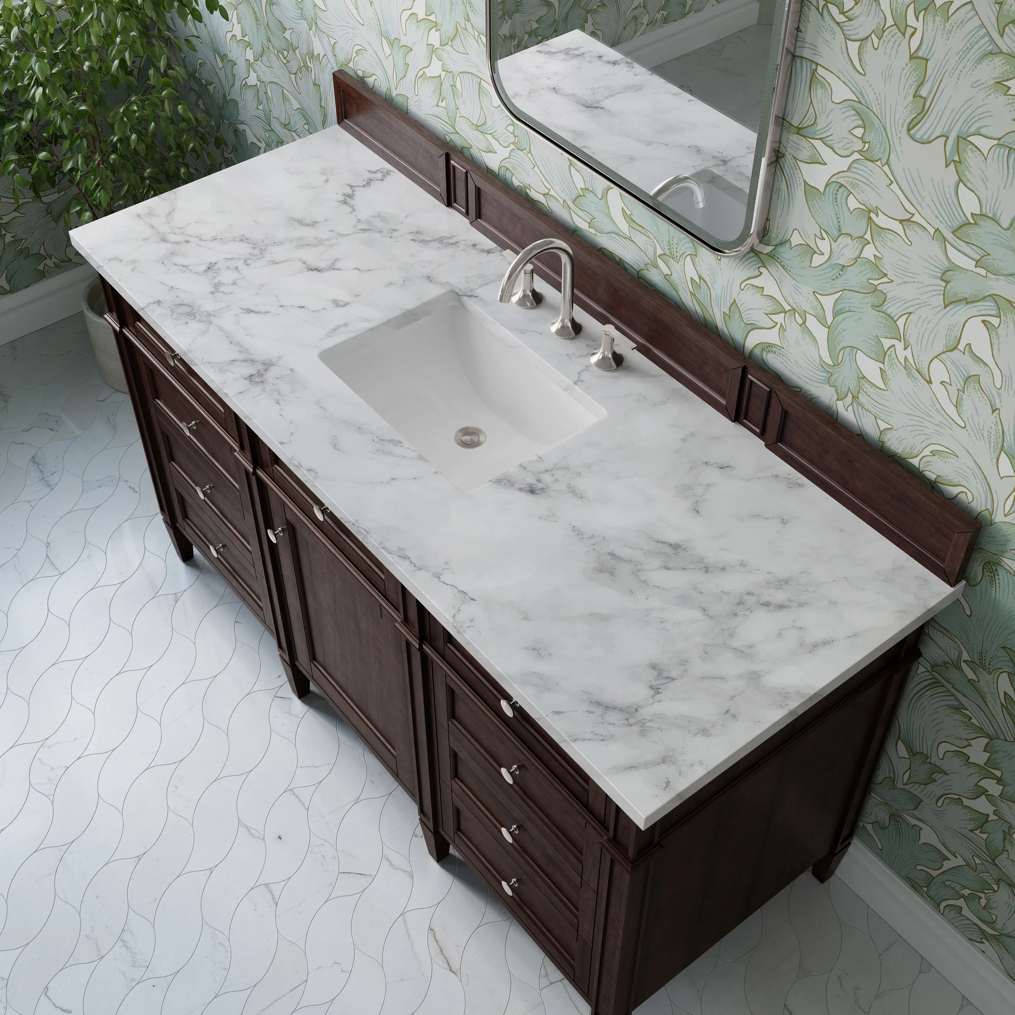 Brittany 60" Single Vanity, Burnished Mahogany w/ 3 CM Carrara Marble Top