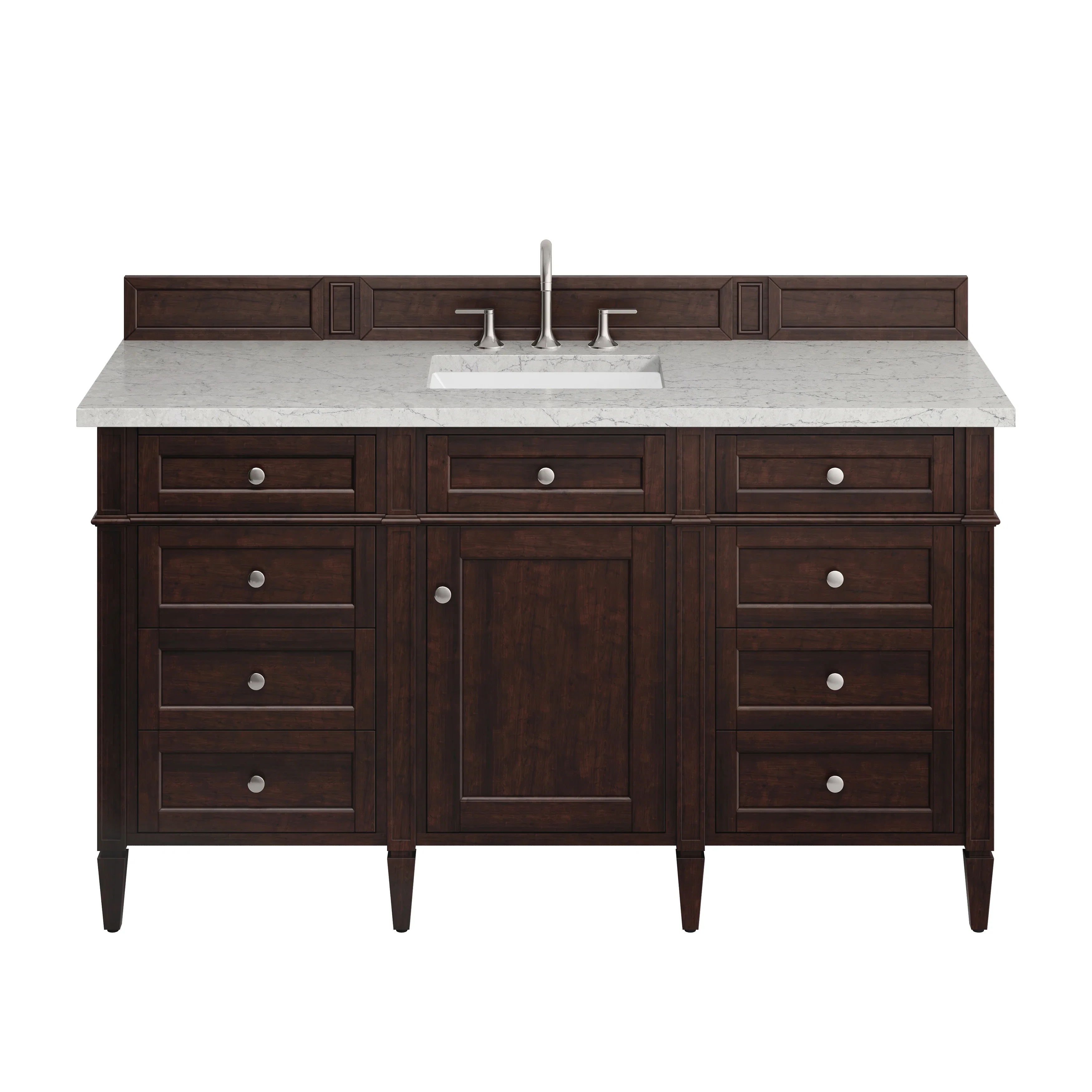 Brittany 60" Single Vanity, Burnished Mahogany w/ 3 CM Eternal Jasmine Pearl Silestone Top