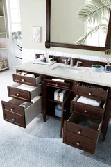 Brittany 60" Single Vanity, Burnished Mahogany w/ 3 CM Eternal Jasmine Pearl Silestone Top