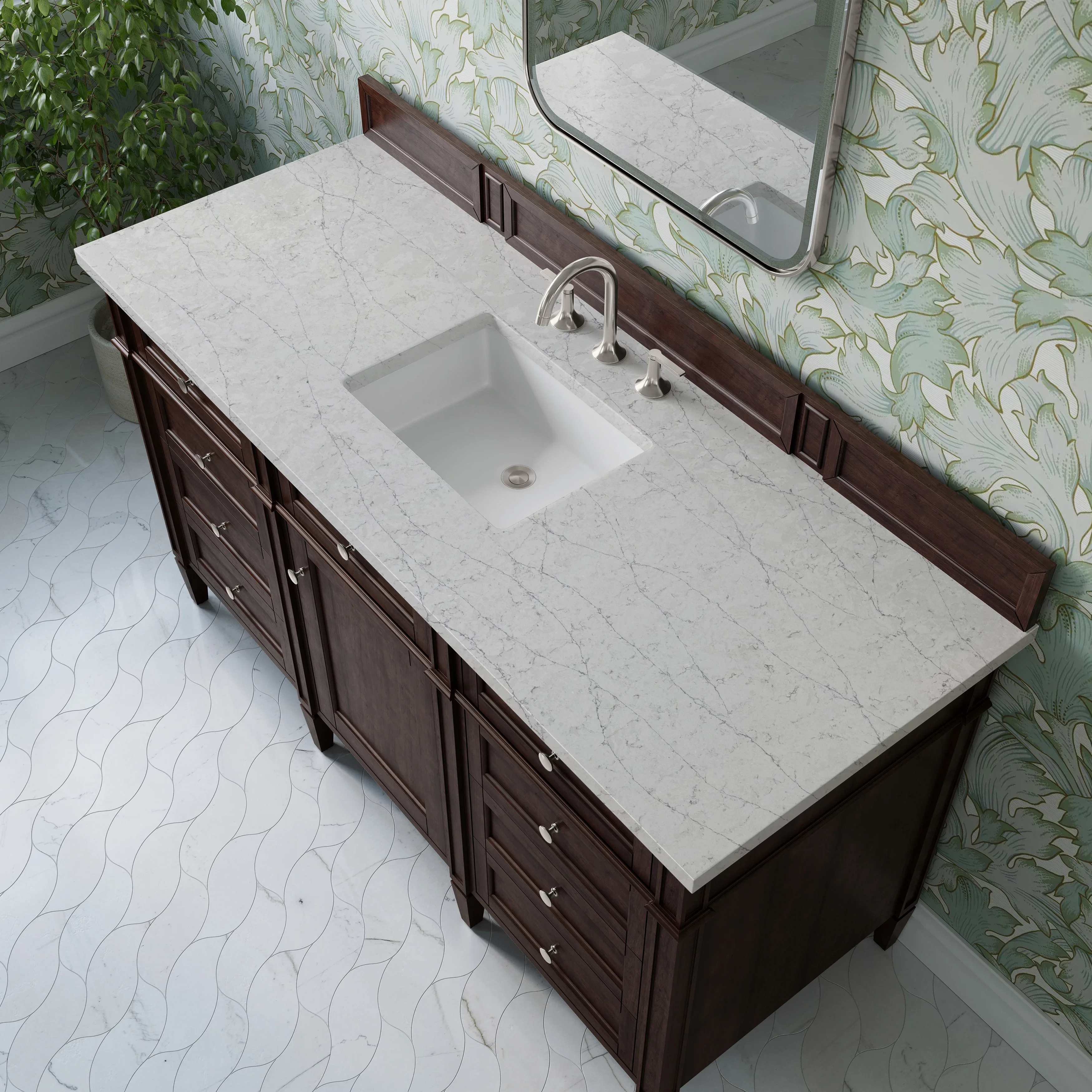 Brittany 60" Single Vanity, Burnished Mahogany w/ 3 CM Eternal Jasmine Pearl Silestone Top