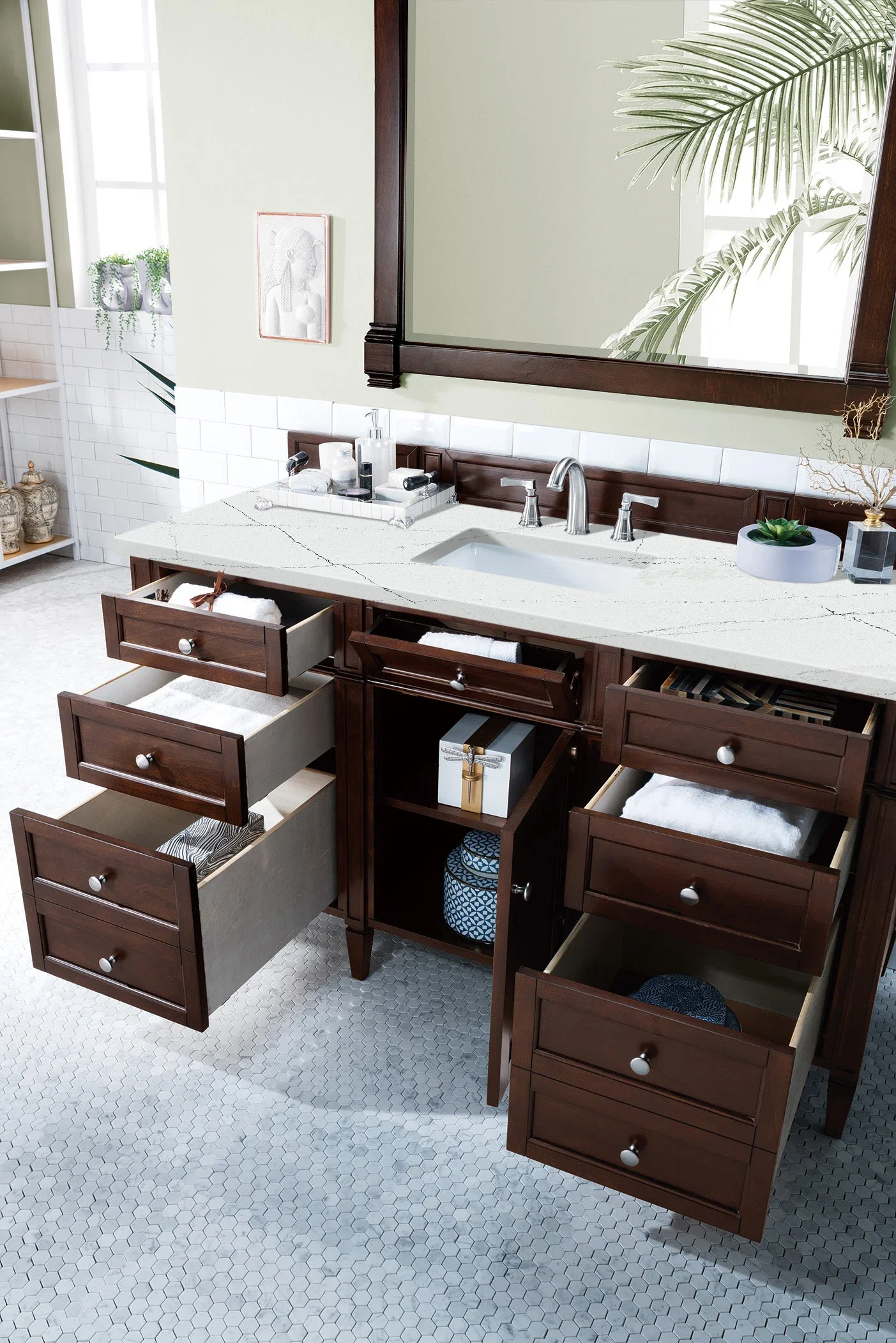 Brittany 60" Single Vanity, Burnished Mahogany w/ 3 CM Ethereal Noctis Silestone Top
