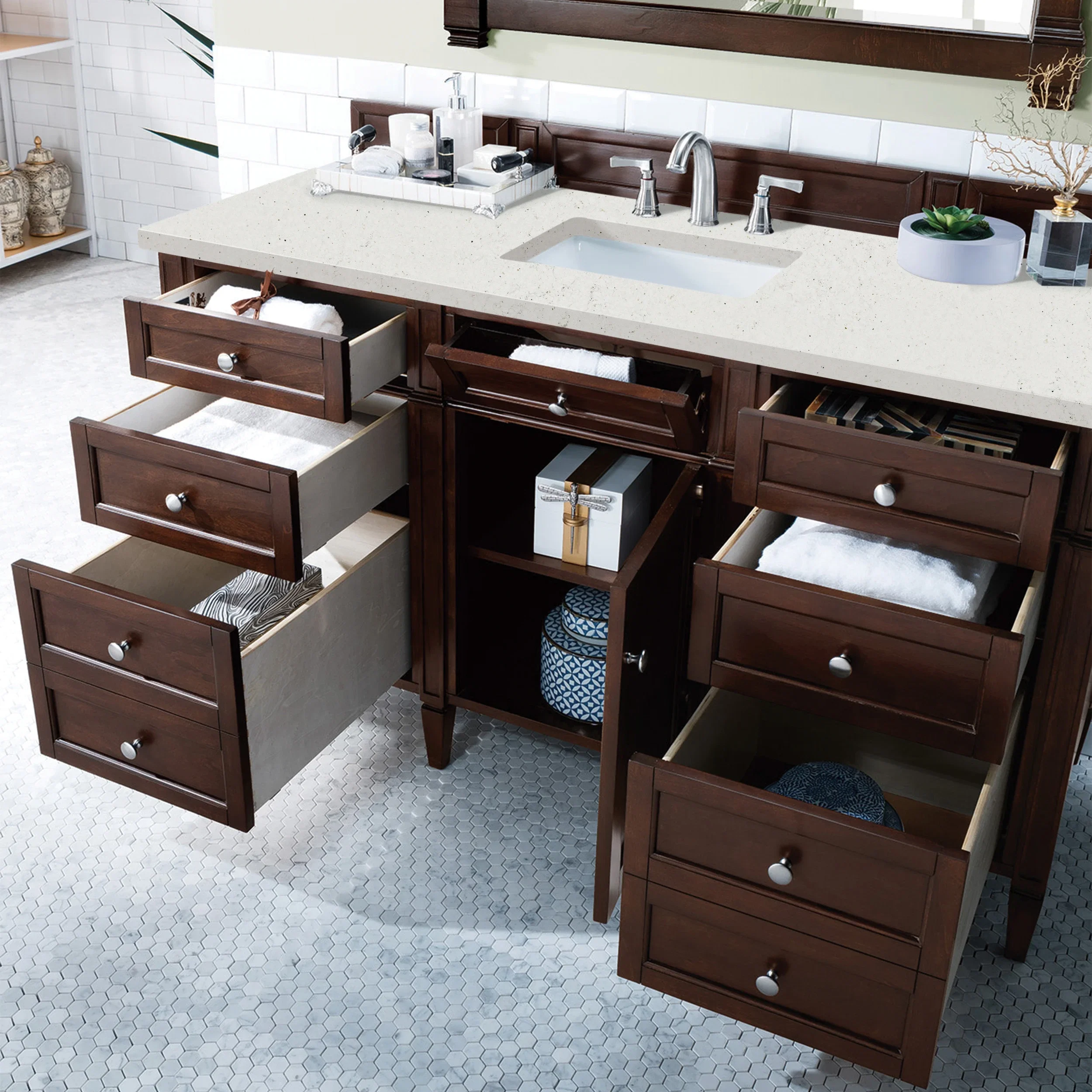 Brittany 60" Single Vanity, Burnished Mahogany w/ 3 CM Lime Delight Silestone Top