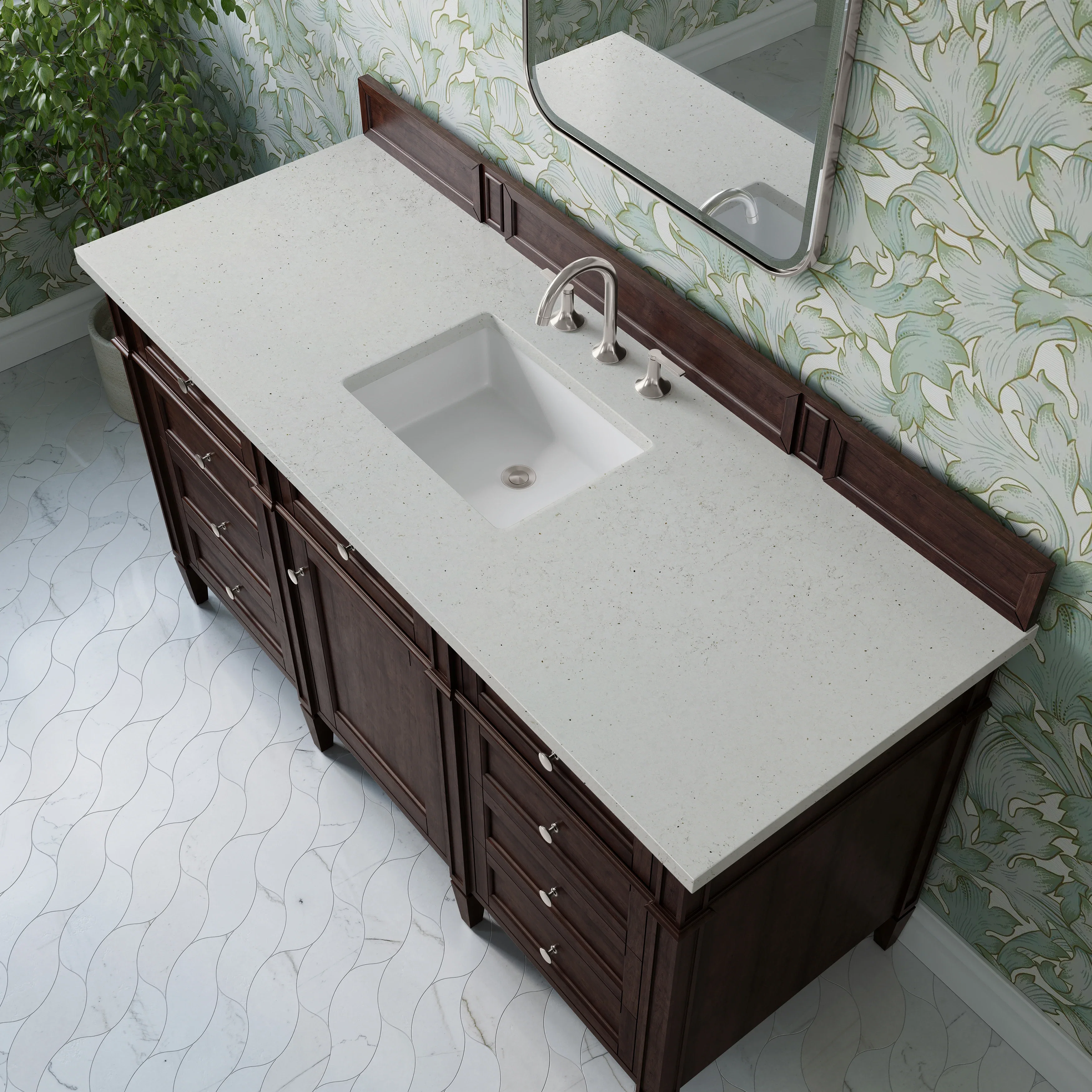 Brittany 60" Single Vanity, Burnished Mahogany w/ 3 CM Lime Delight Silestone Top