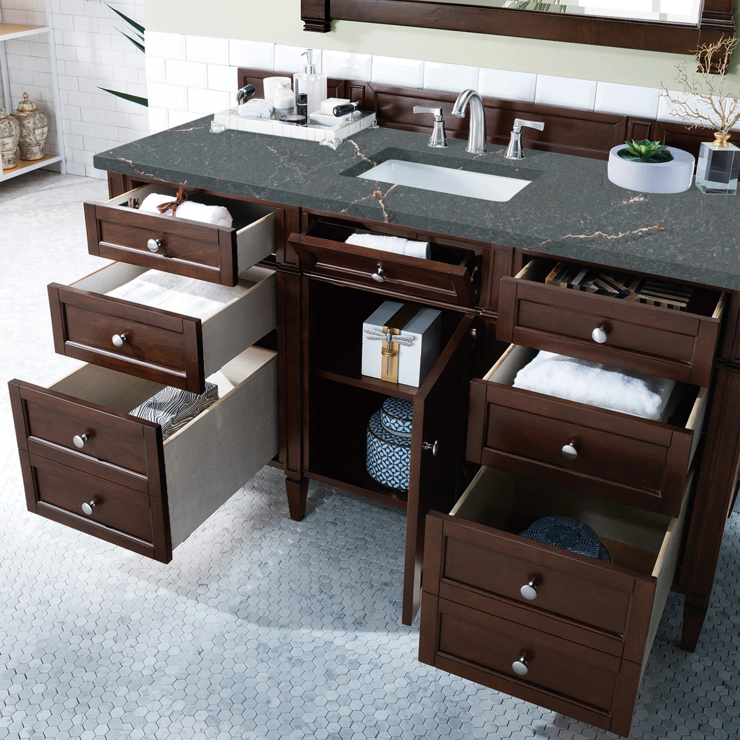 Brittany 60" Single Vanity, Burnished Mahogany w/ 3 CM Parisien Bleu Silestone Top