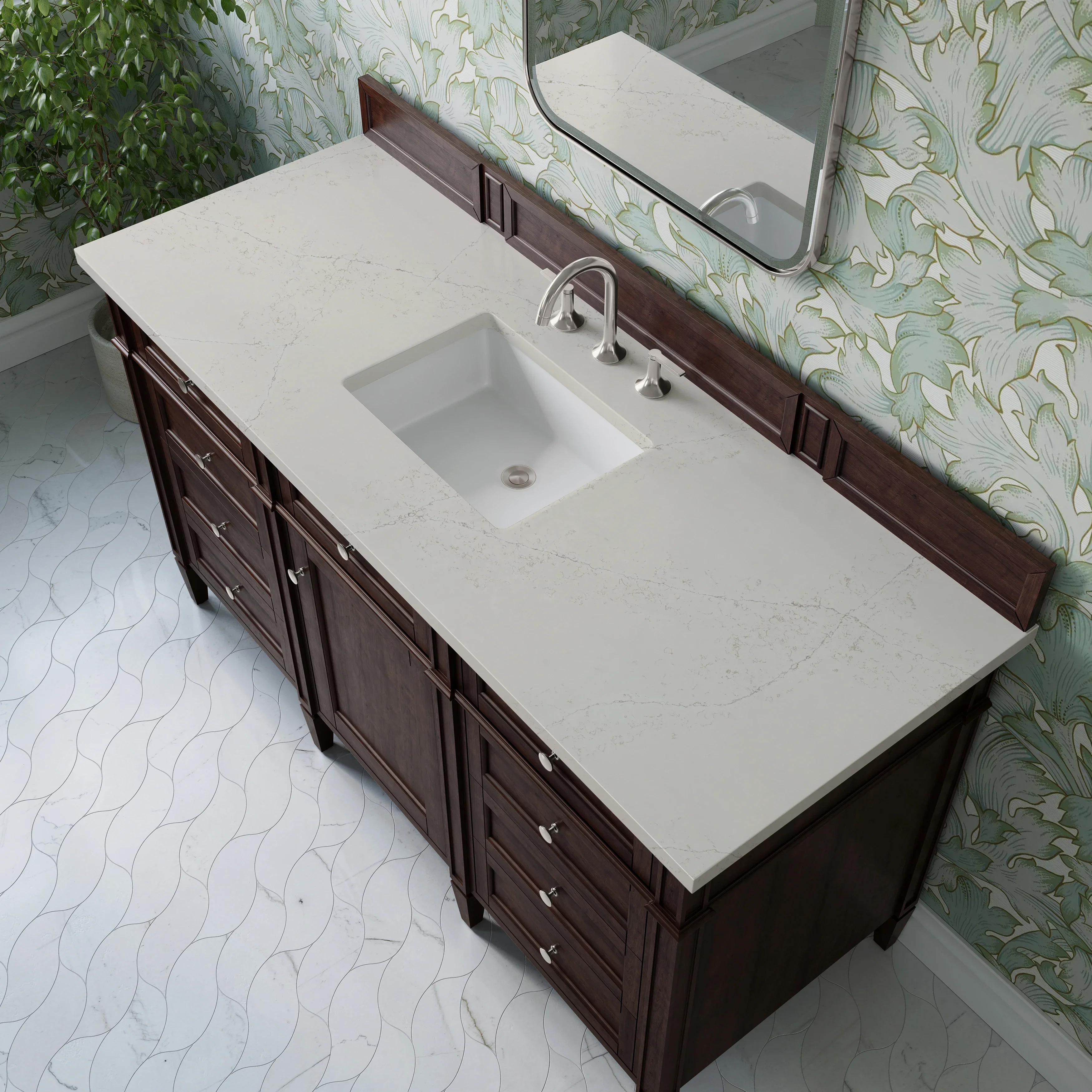 Brittany 60" Single Vanity, Burnished Mahogany, w/ 3 CM Siberian Silestone Top