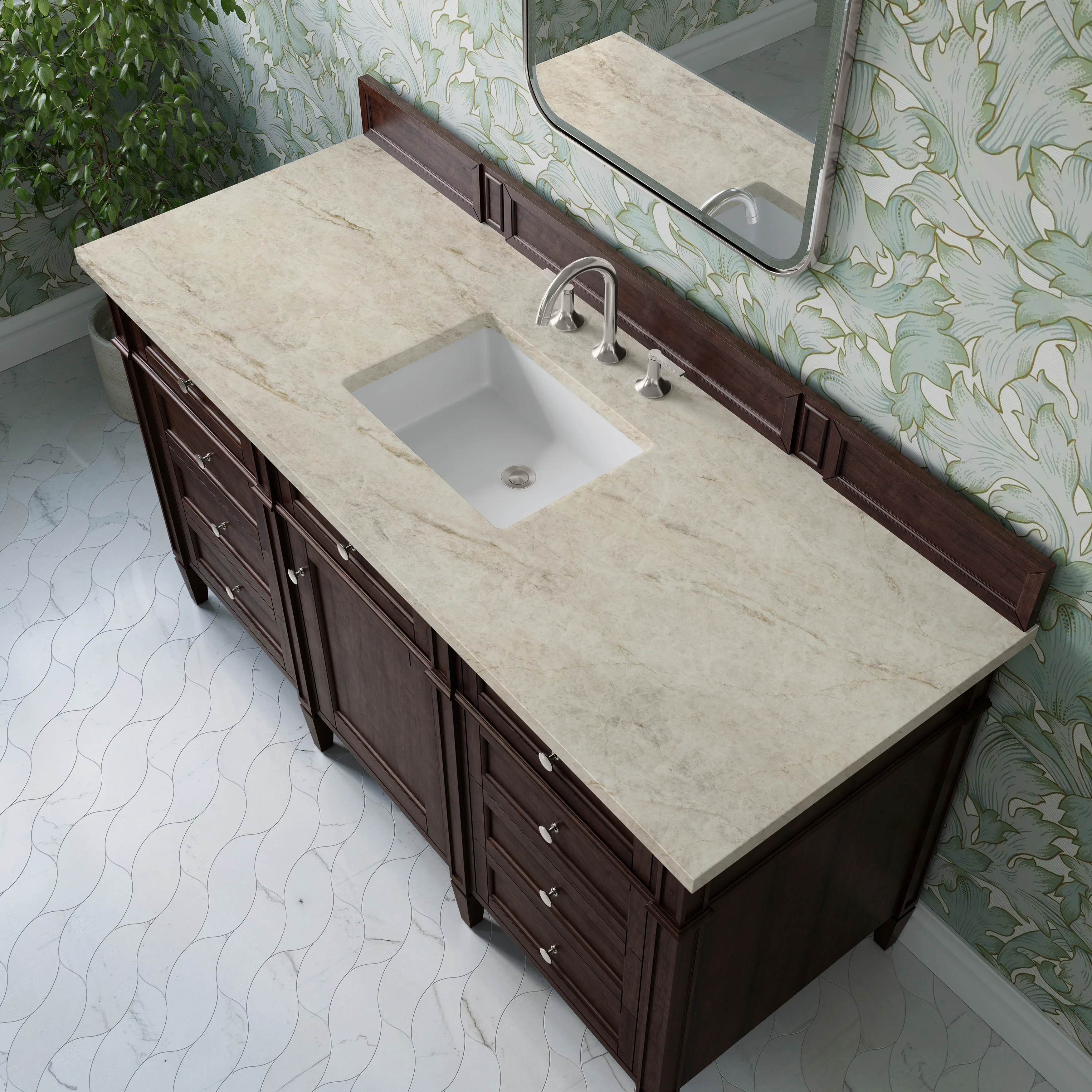 Brittany 60" Single Vanity, Burnished Mahogany, w/ 3 CM Tajnar Eclos Top